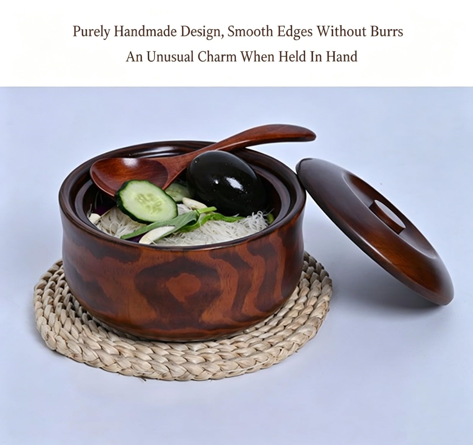 Cuencos de Madera con Tapa, Cuenco Redondo de Madera Natural para Ensalada, Ideal para Sopa de Miso, Frutas, Dulces y Aperitivos(21-22CM)