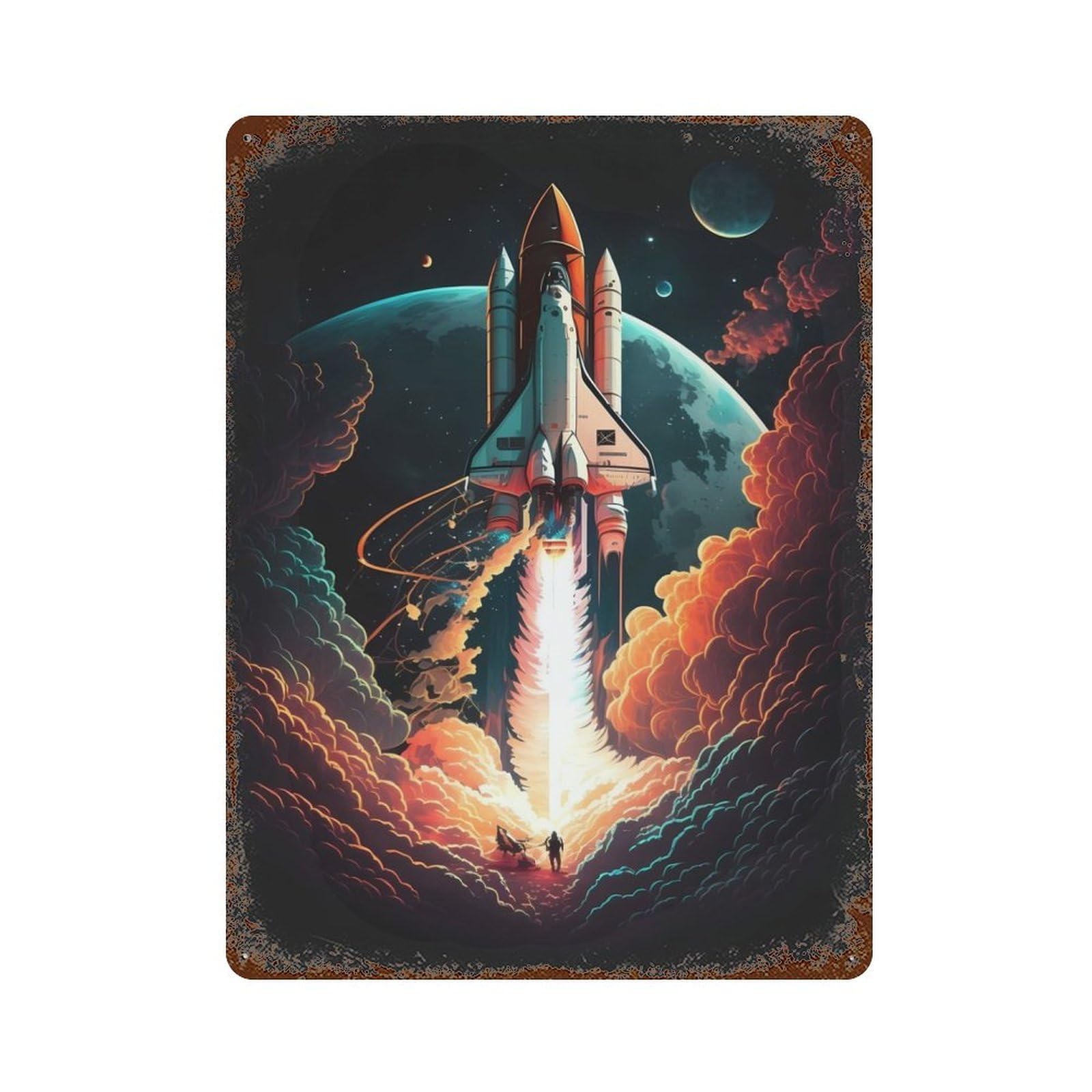 Rocket Take Off Rusty Metal Tin Sign 15.7"x11.8", Classic Wall Plaque for Pub, Kitchen And Man Cave Decor