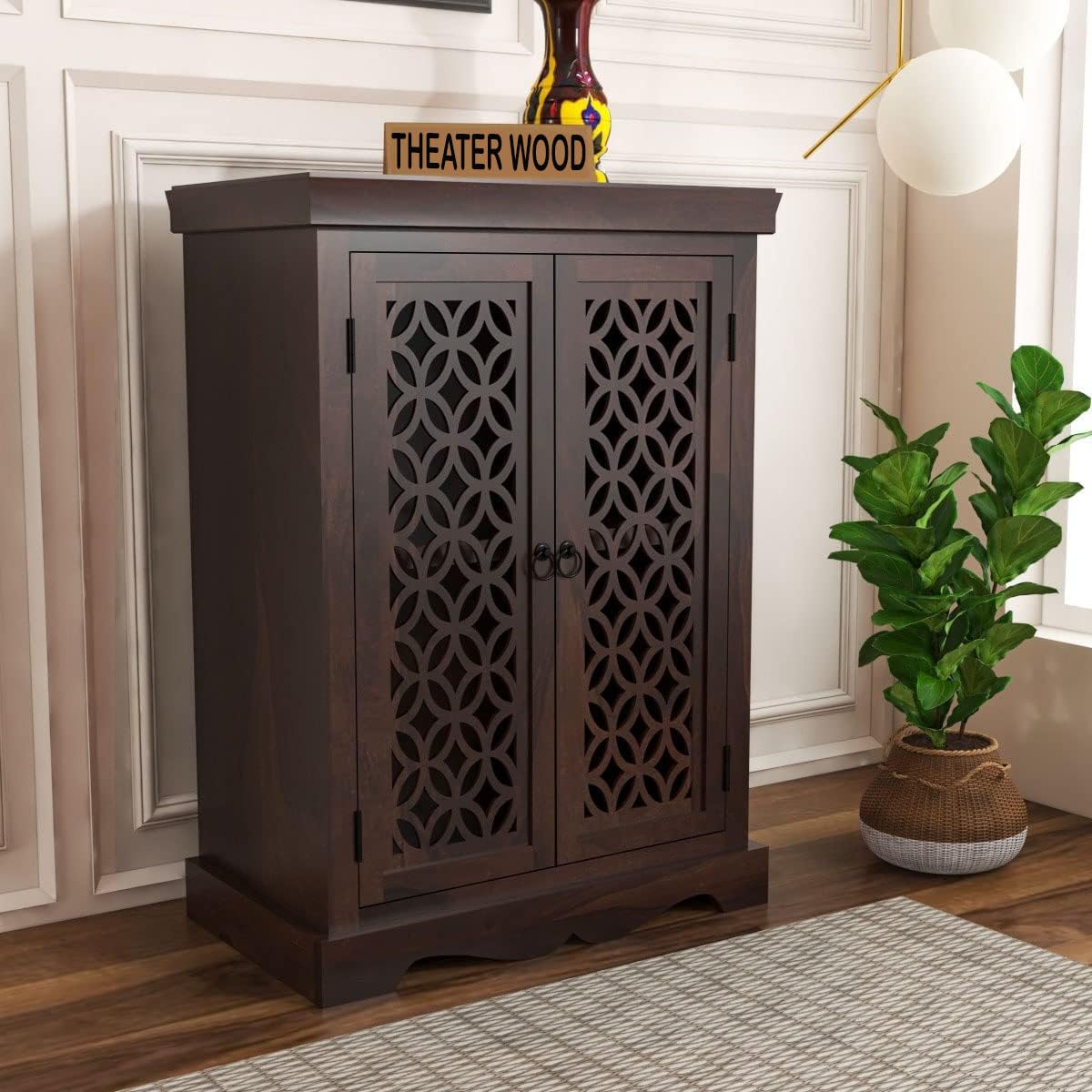 THEATER WOOD Solid Sheesham Wood Sideboard and Cabinets | Wooden Side Board Small Cabinet for Living Room | Free Standing Buffet Cabinet with 2 Door Cabinet Storage | Rosewood, Walnut Finish-image-10
