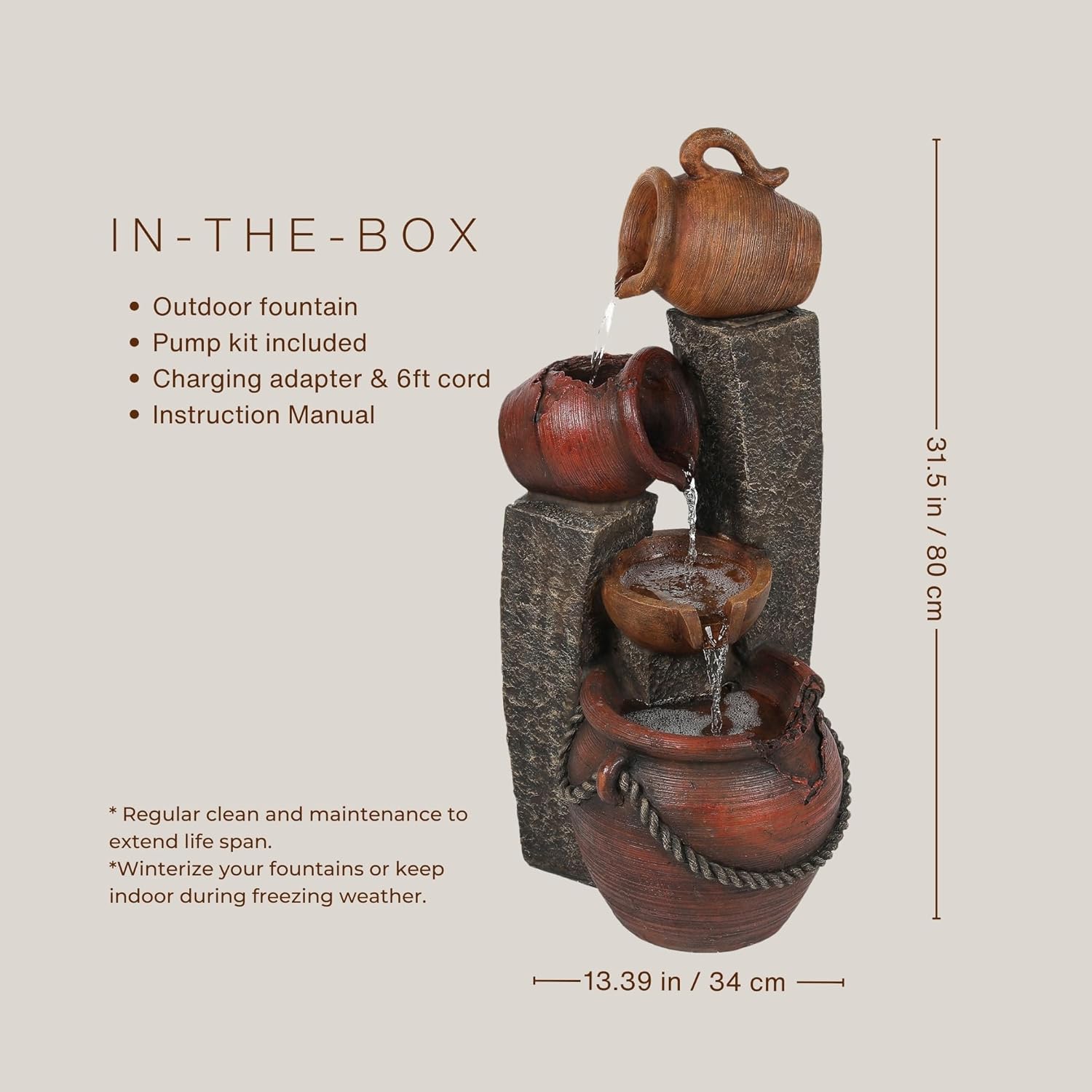 Rustic Brown Poly Resin 3-Tier Outdoor Fountain with LED Lights