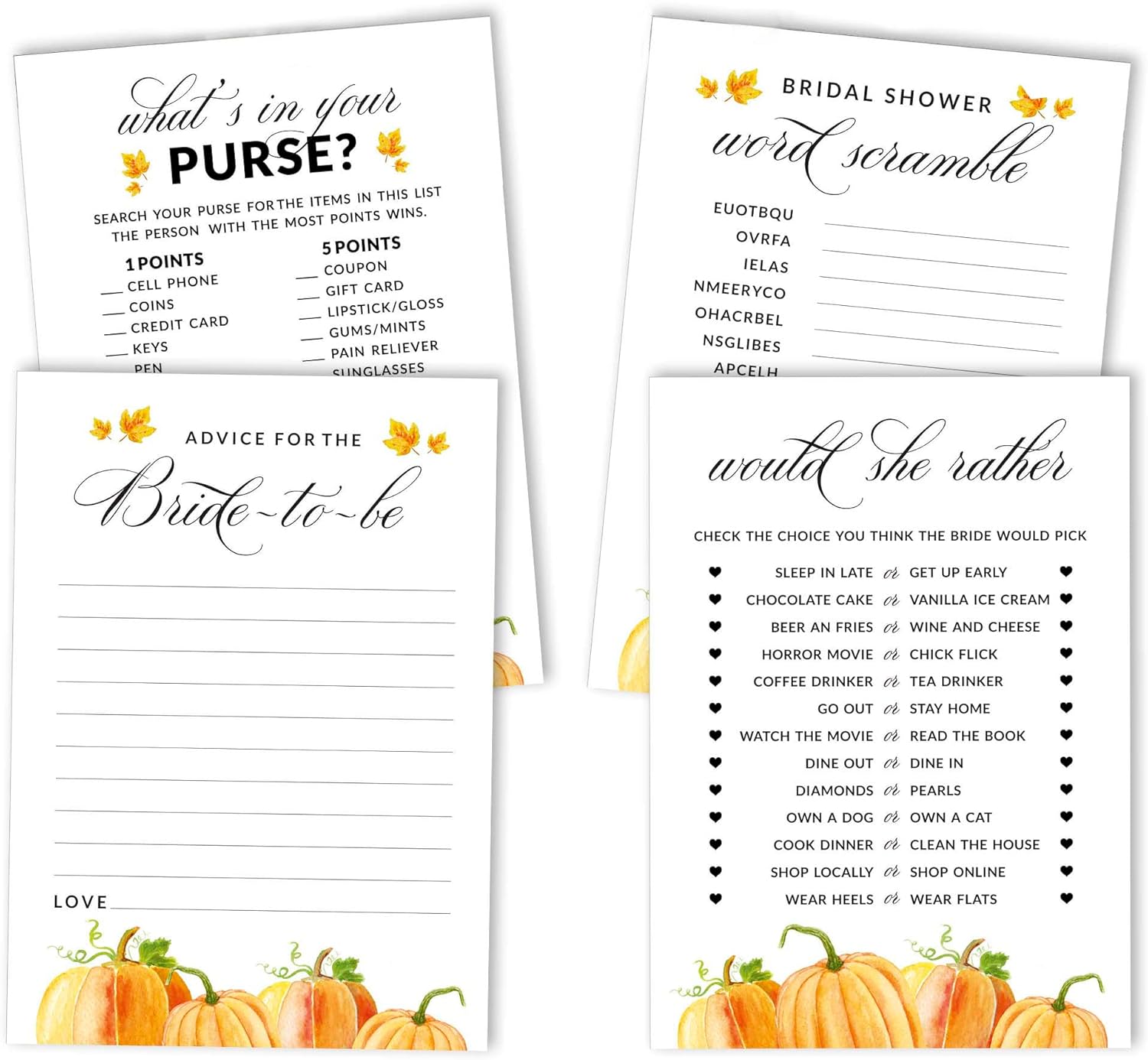 Bachelorette Party Games Set Bundle of 4(50 Sheets Each) Pumpkin Fall in Love Fun Bridal Shower Games Set