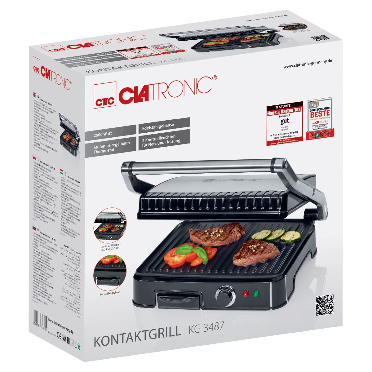 Clatronic KG 3487 Grill de Asar con Tapa Basculante, 2000 W, Acero Inoxidable