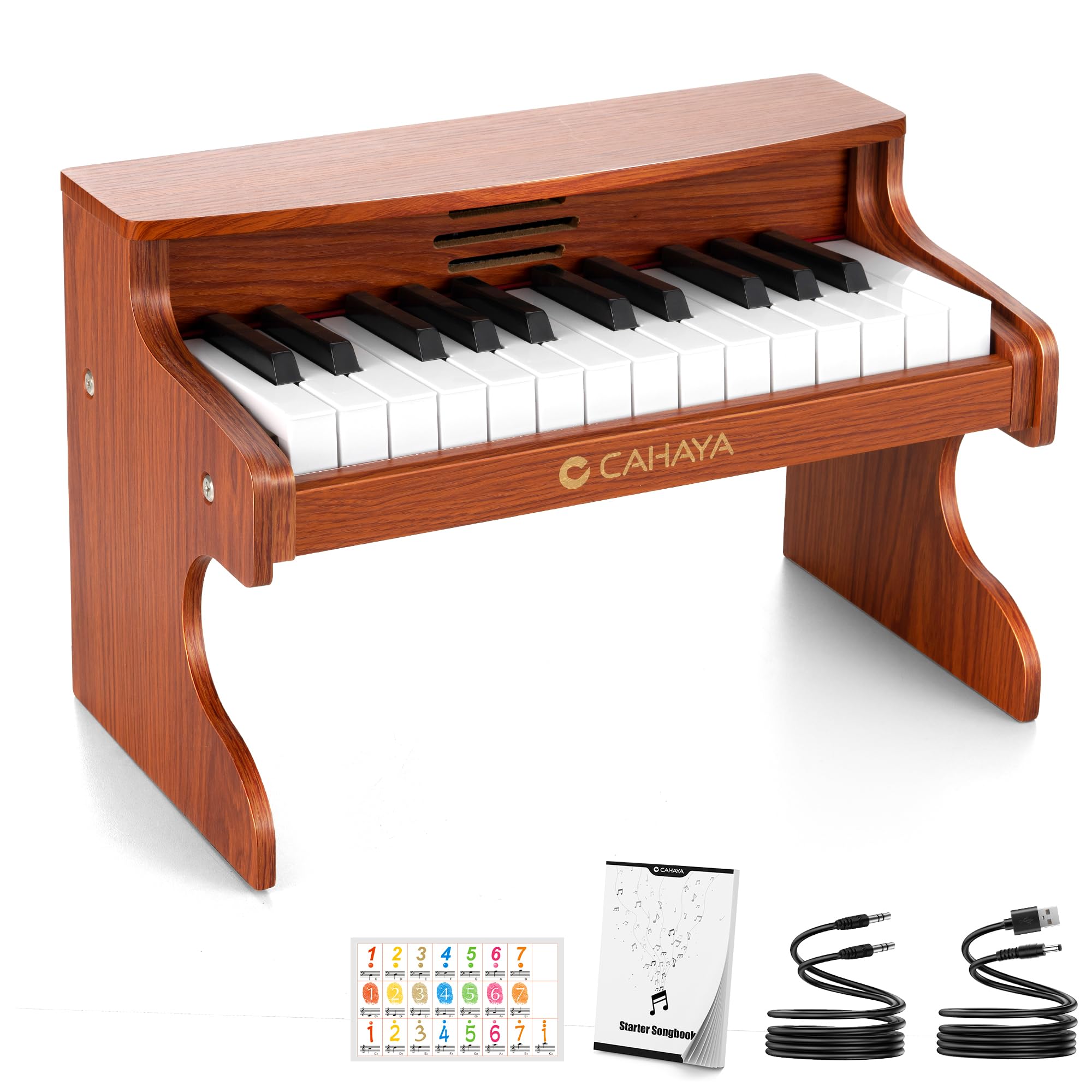 CAHAYA Piano Infantil de 25 Teclas - Piano Eléctrico para Niños de Madera con Partituras de Pianos y Pegatinas Indicadoras de Notas El Regalo Ideal para Jóvenes Músicos
