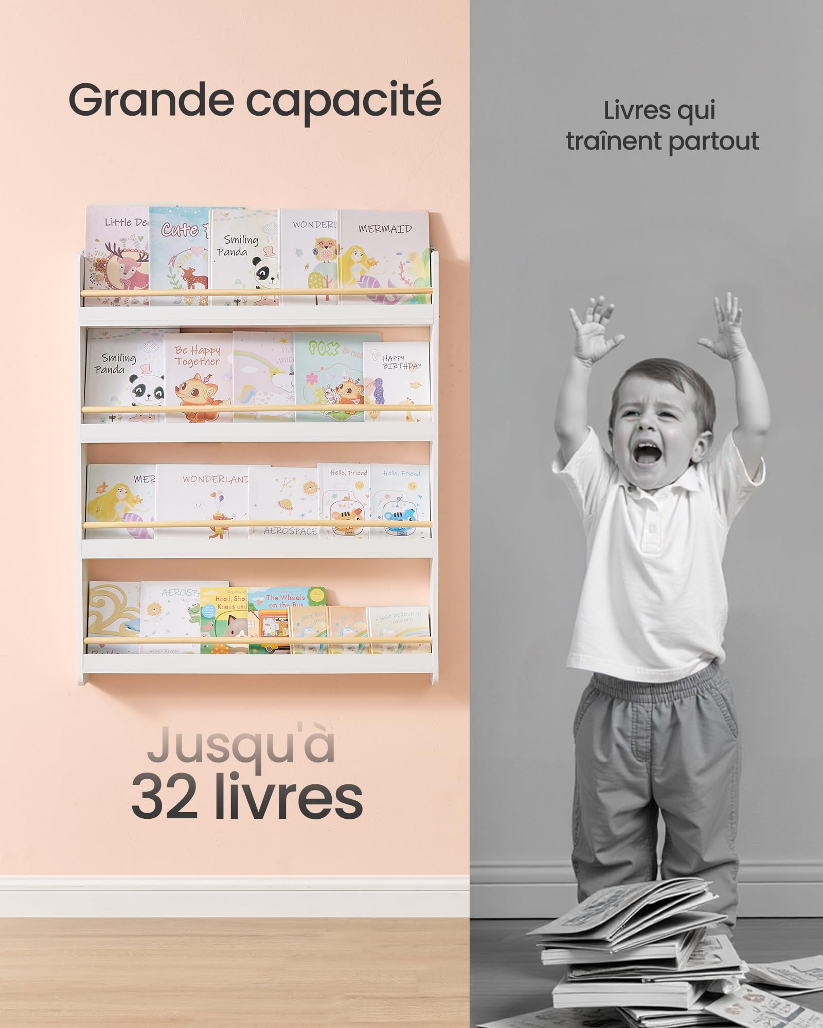 SONGMICS Étagère à Livres pour Enfants, Bibliothèque à 4 Niveaux, Étagère Murale à Jouets, pour Chambre d’Enfant, Salle de Jeux, Blanc et Naturel GKR014W01