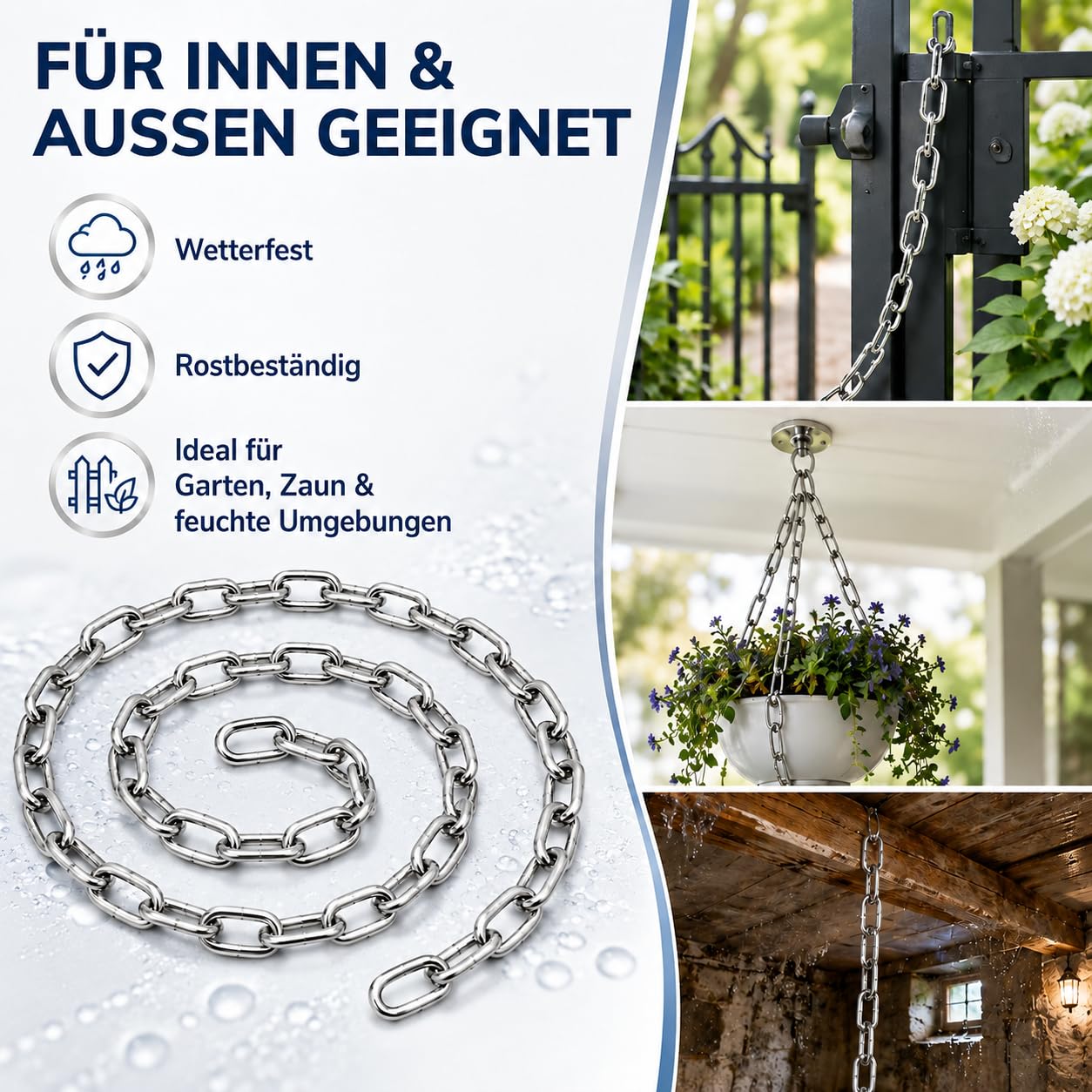CYEER 2m Edelstahlkette 6mm Meterware, Rostfreie Gliederkette aus Edelstahl 304, Stabile Rundstahlkette für Hängesessel, Boxsack, Lampen & Gartenzaun, Hochbelastbare Metallkette