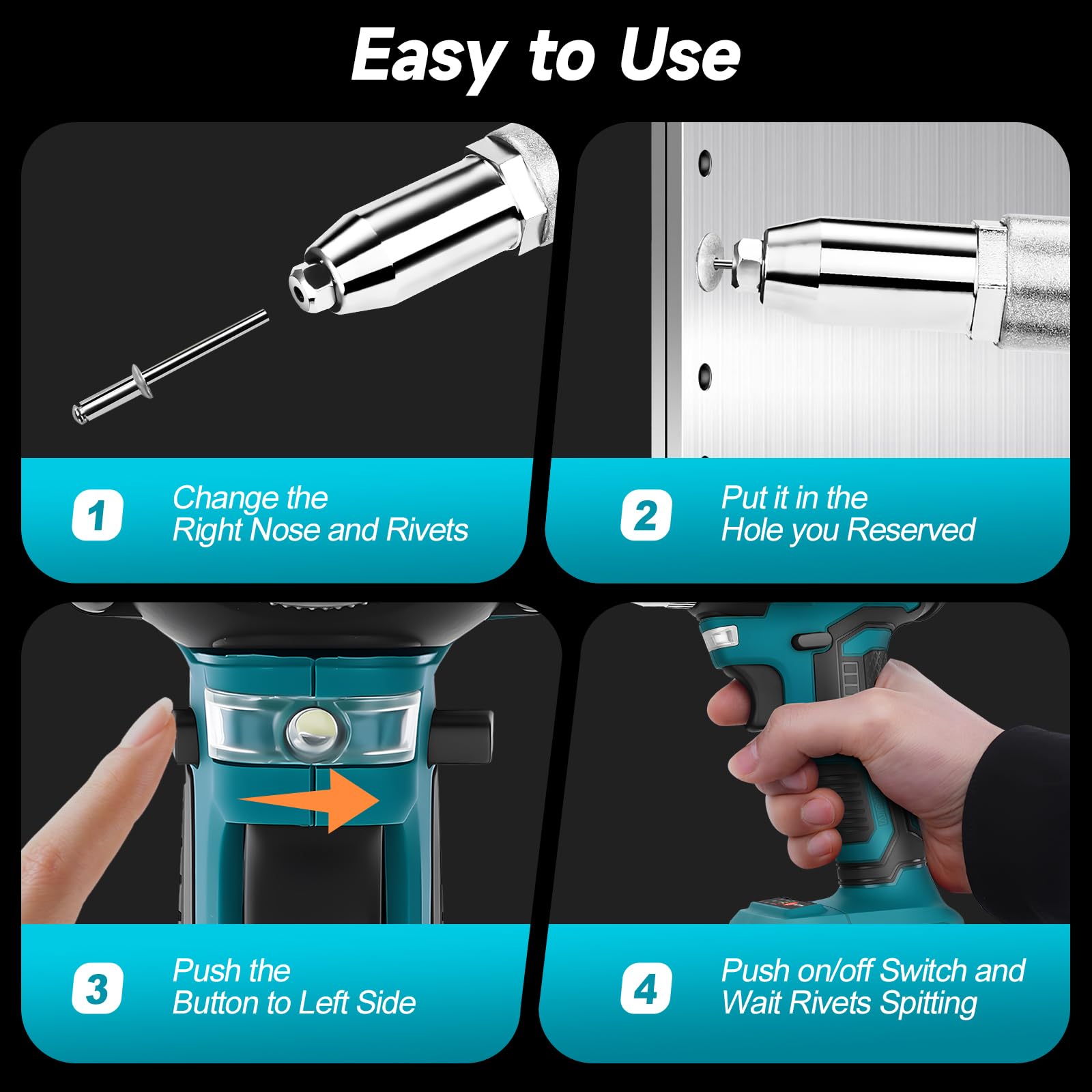 Pistola Remachadora a Batería Compatible con Makita 18V Batería, Remachadora Electrica de 20,000N, Remachadora Automática Para Remaches de Aluminio de 2,4-4,8 mm