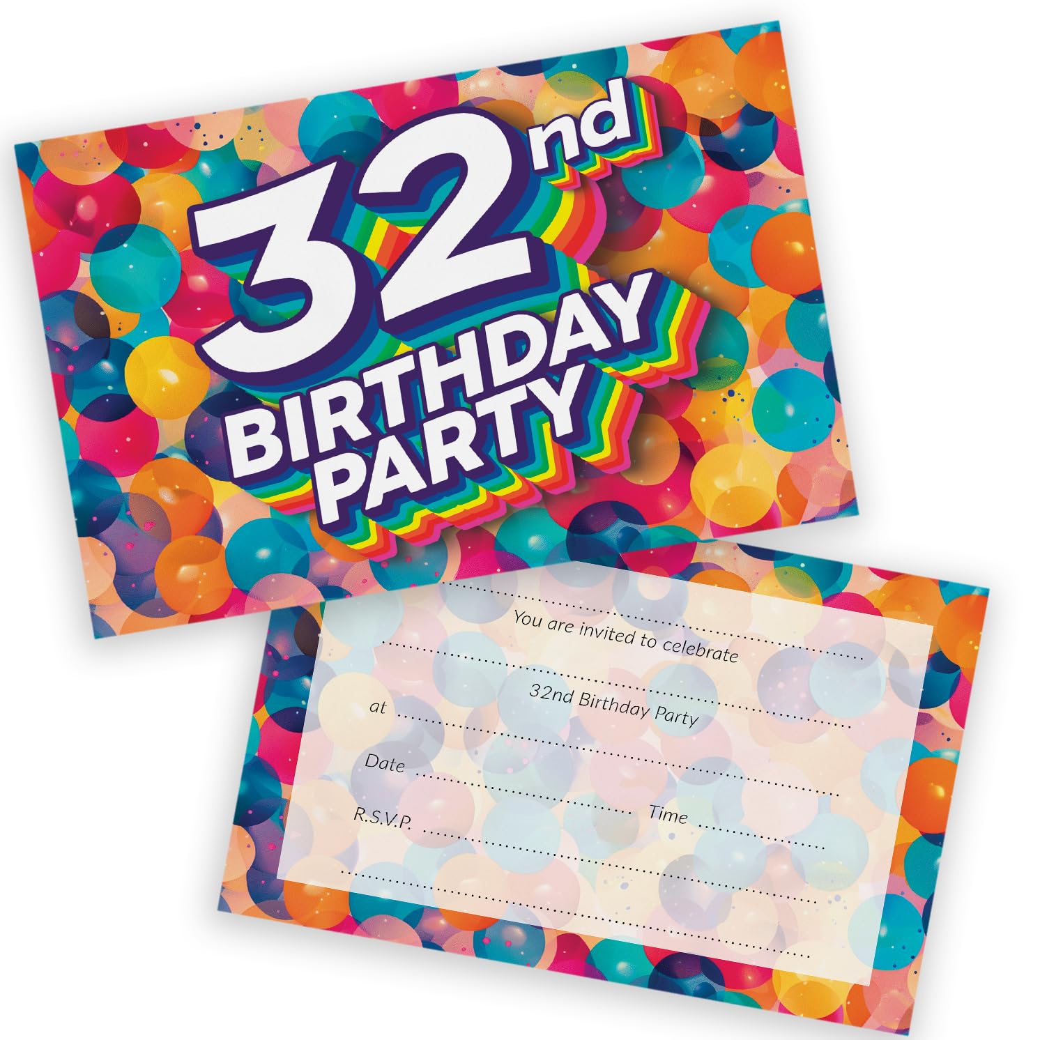 32nd Birthday Party Invitations Men Women - Rainbow Balloons 36 Pack - Adults Birthday Invitations for Friends Family A6 Bday Party Invites Invitation Cards with Folding Envelopes