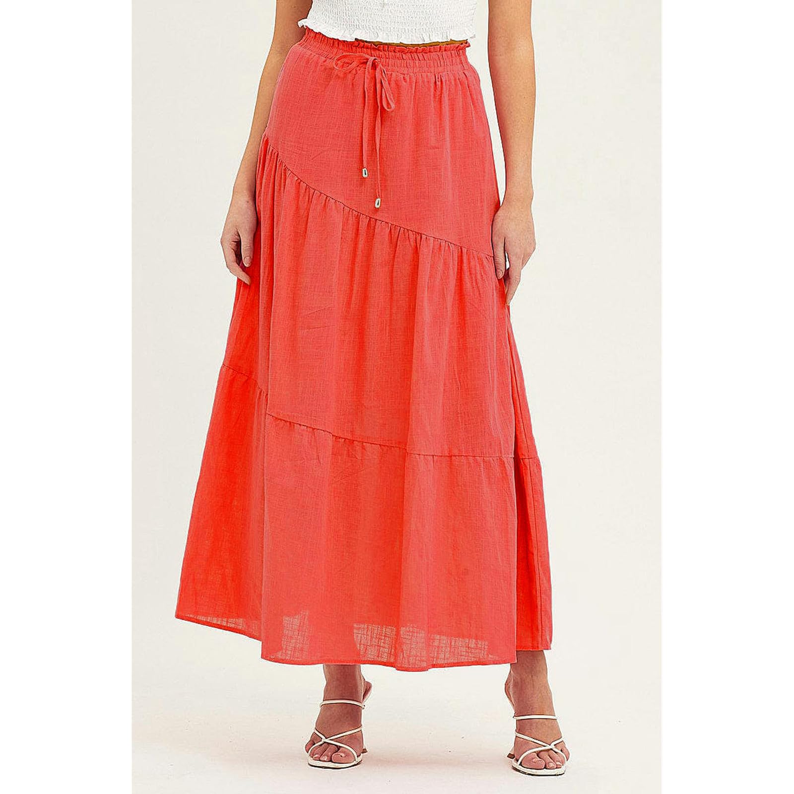 Röcke Damen-Baumwoll- Und Leinenrock Für Frauen-hochtülen Elastische A-Linie-swingrock, Elegantes Und Modisches Design Für Frühling Und Sommer-orange-l