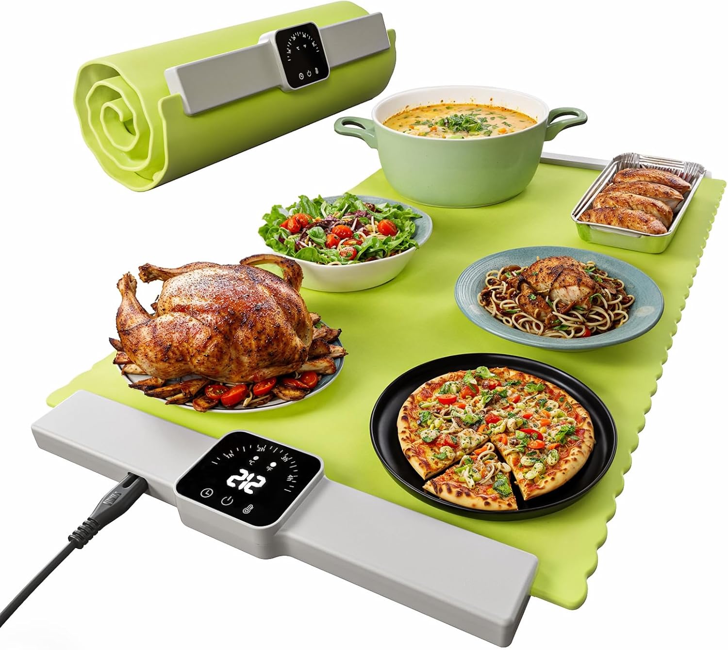 Food Warming Mat for Food, Electric Warming Tray with 5 Temp-Settings, Full-Surface Heating Pad for Food with Auto-Off Timer, Portable Food Warmers for Parties, Silicone Food Heating Mat Lime