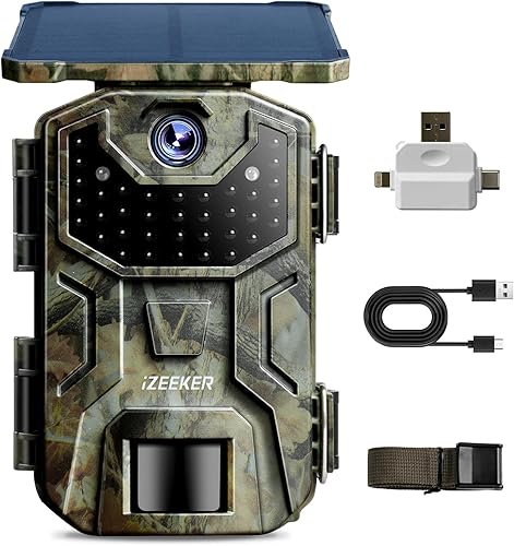 iZEEKER Cámara solar de rastro de 36MP 2.7K 30fps con visión nocturna 5200 mAh batería de litio recargable sin LED infrarrojos brillantes, cámara de