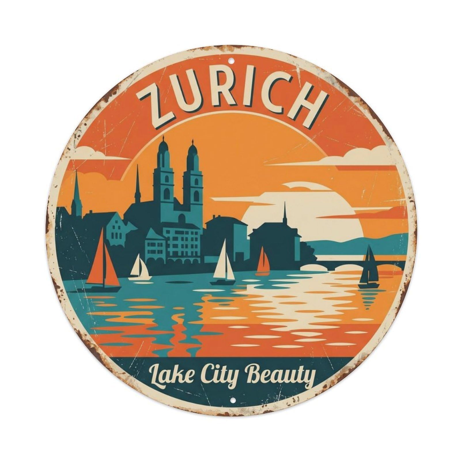 Vintage Travel Zurich Lakeside Cathedral Metal Tin Sign Plaque Wall Decor for Cafe, Club, Garden Round Metal Poster 8x8Inch