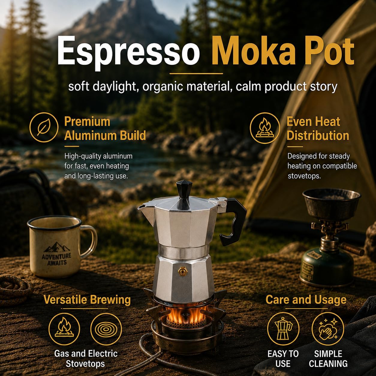 Single Cup Stovetop Moka Pot & Cuban Coffee Maker for Travel/Gas/Electric