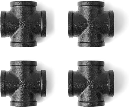 3/4" Black 4-Way Cross Fitting Connector, Home TZH 4-Pack Cast Malleable Iron 4 Way Corner Pipe Fittings for Industrial vintage style DIY Project/Furniture/Shelving Decoration4, Black 3/4"