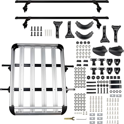 KYX Universal 50 "X 38 "aluminio portaequipajes coche/camión Top Trunk/Luggage Rack Basket+Crossbar, barras transversales de aluminio ajustables