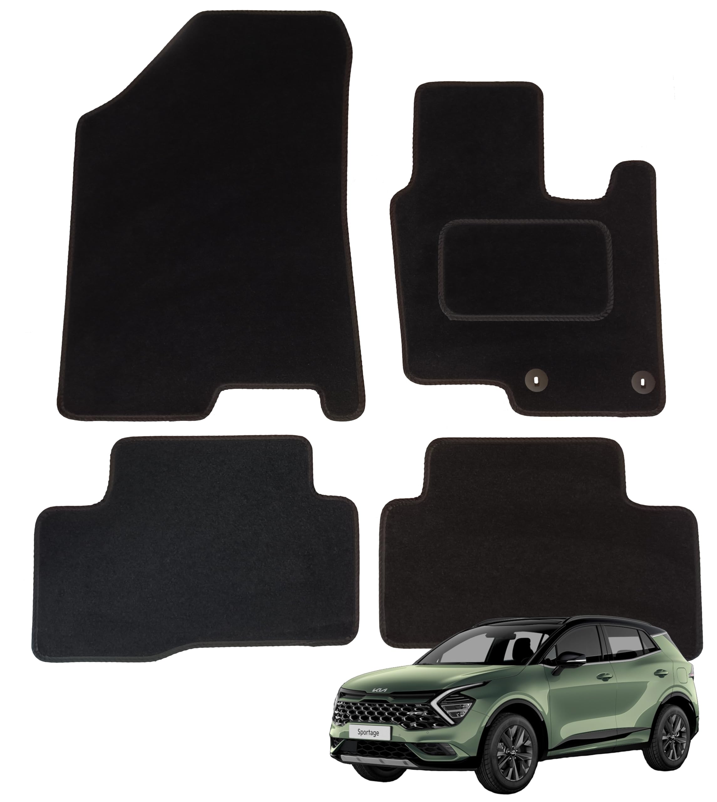 Tappetini auto su misura per Kia Sportage 2021-2025 (5ª generazione) ibrida, set di 4 tappetini, colore: nero con bordo nero con 2 clip di sicurezza