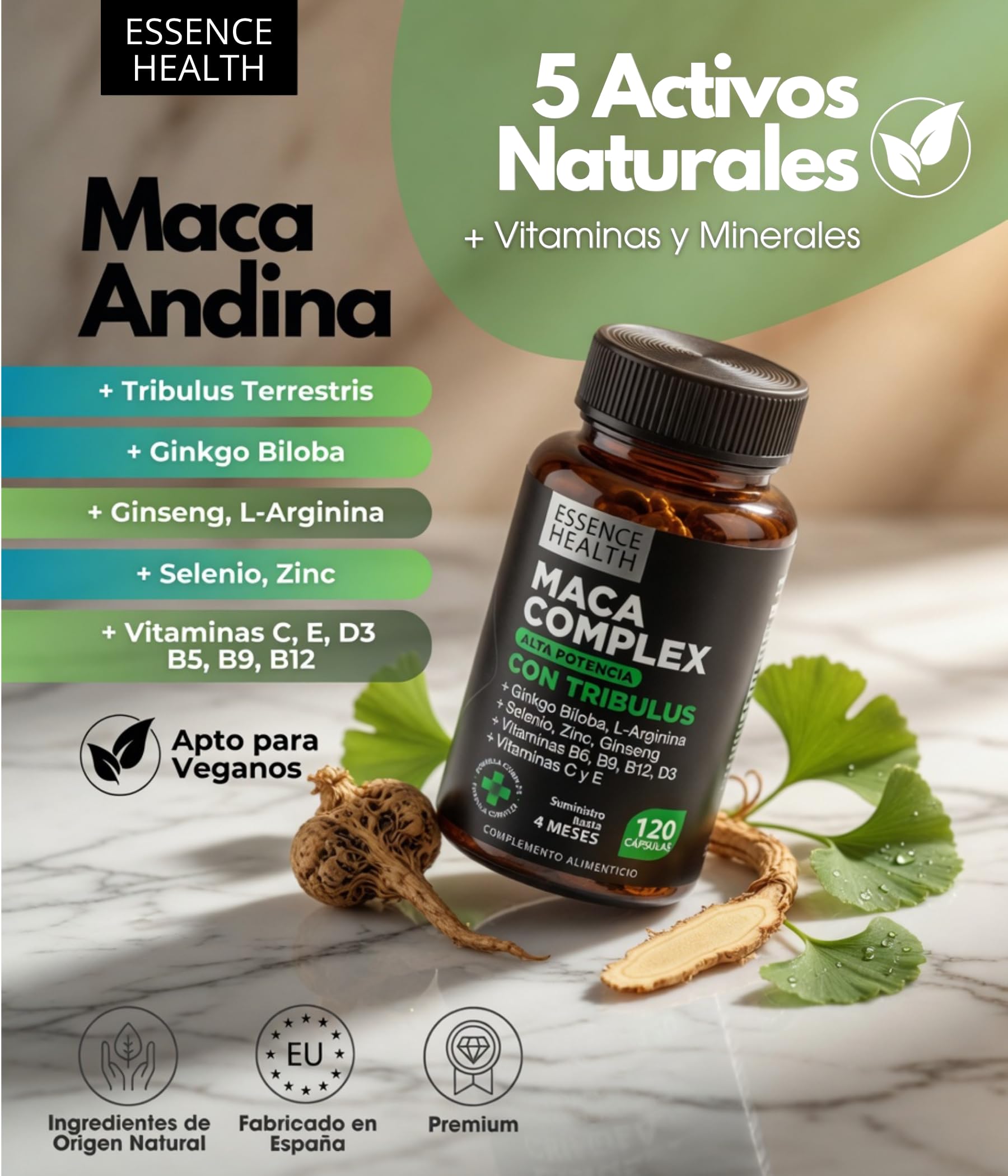 Maca Andina Negra Complex Alta Potencia | Maca Peruana con Tribulus y Ginseng | 120 Cápsulas Veganas | Mejora Equilibrio Hormonal | Rendimiento Ánimo Fuerza y Vitalidad |