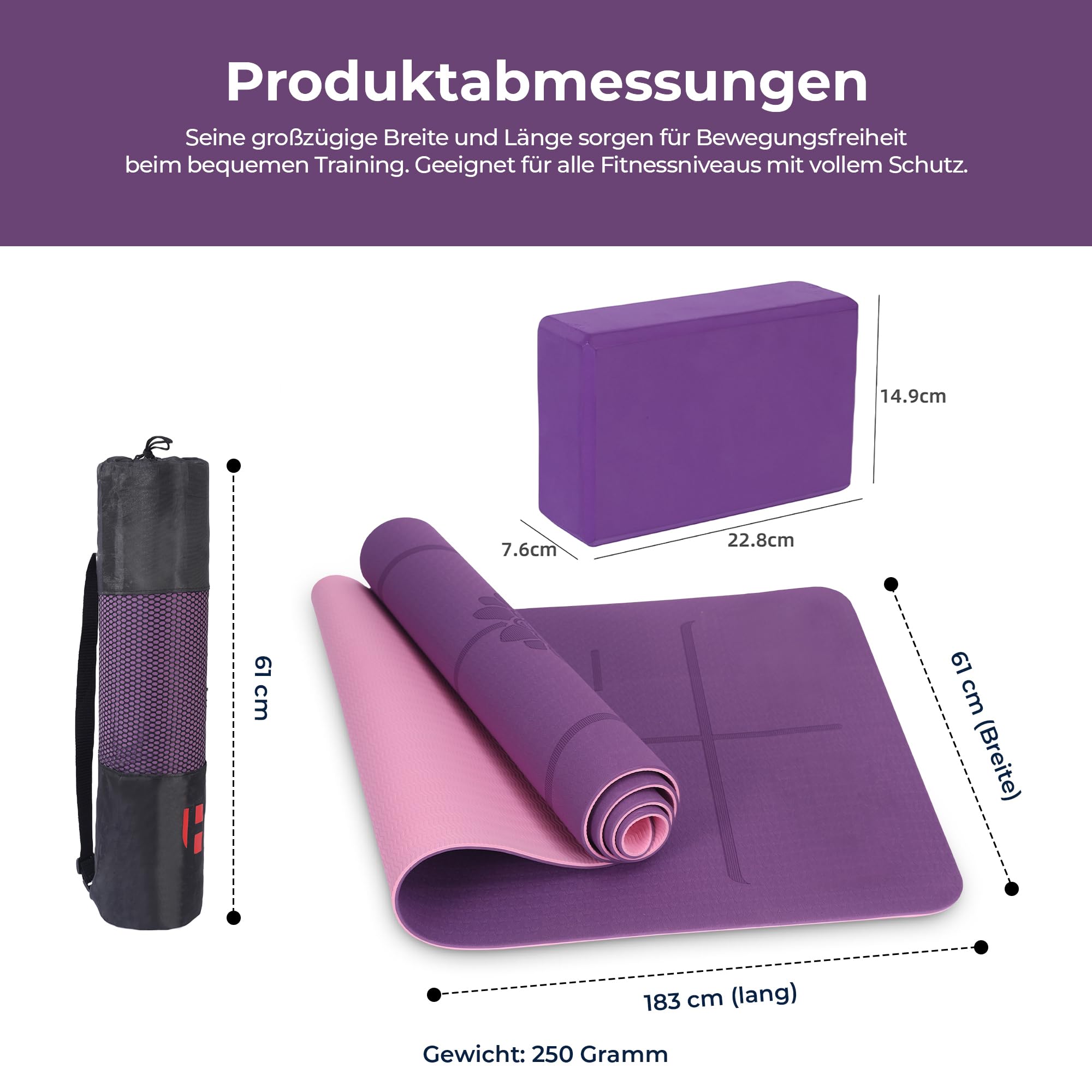 Habib Yogamatte Set mit Yogablöcken – Rutschfeste gepolsterte Fitnessmatte inkl. Tragetasche mit Schultergurt – 2er Set Blöcke für Pilates, Meditation & Erholung