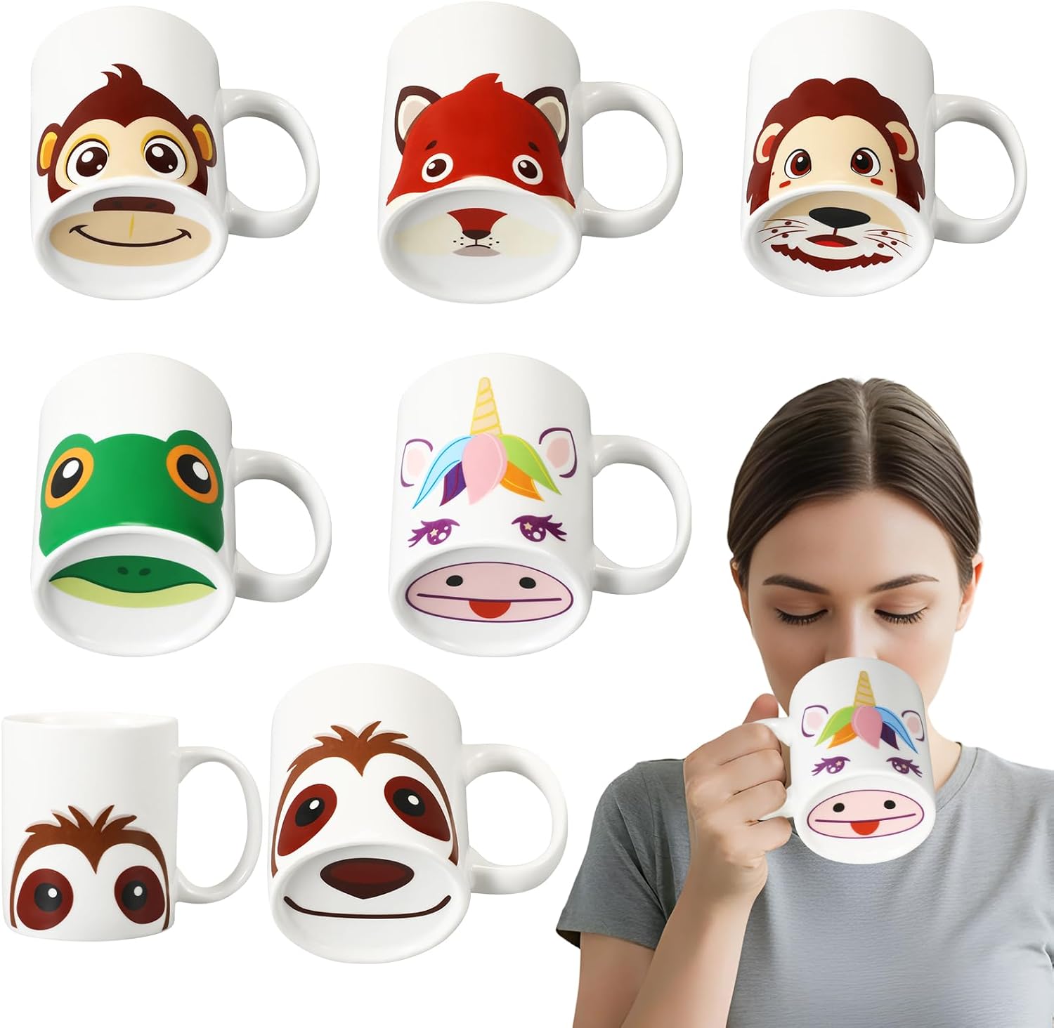 Potchen 6 Pcs Animal Mug Gift Set, Cute Animal Nose Coffee Mug Bulk Funny Ceramic Cup Monkey Unicorn Cat Milk Lion Fox Novelty Gift for Birthday Party Favor Friend Holiday Family