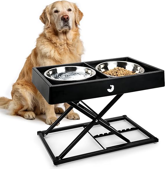 Taglory Metal Elevated Dog Bowls Stand for Large Breeds, 9 Height-Adjustable Raised Dog Bowl with 2 Stainless Steel Bowls(6 Cup), Anti-Slip Pads, 9 to 17.5, Black