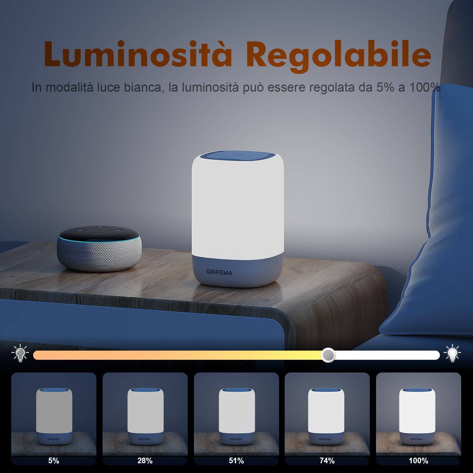 GRIFEMA Abat Jour da Comodino Senza Fili GD104 – Lampada Touch Ricaricabile, 7 Colori RGB a Gradiente, Timer 30 Min, USB-C per Camera da Letto, Bambini, Campeggio