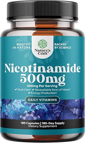 Natures Craft Vitamina B3 Nicotinamida 500mg Cápsulas - Suplemento energético mitocondrial - AKA Vitamina B3 Niacina 500mg sin descarga y