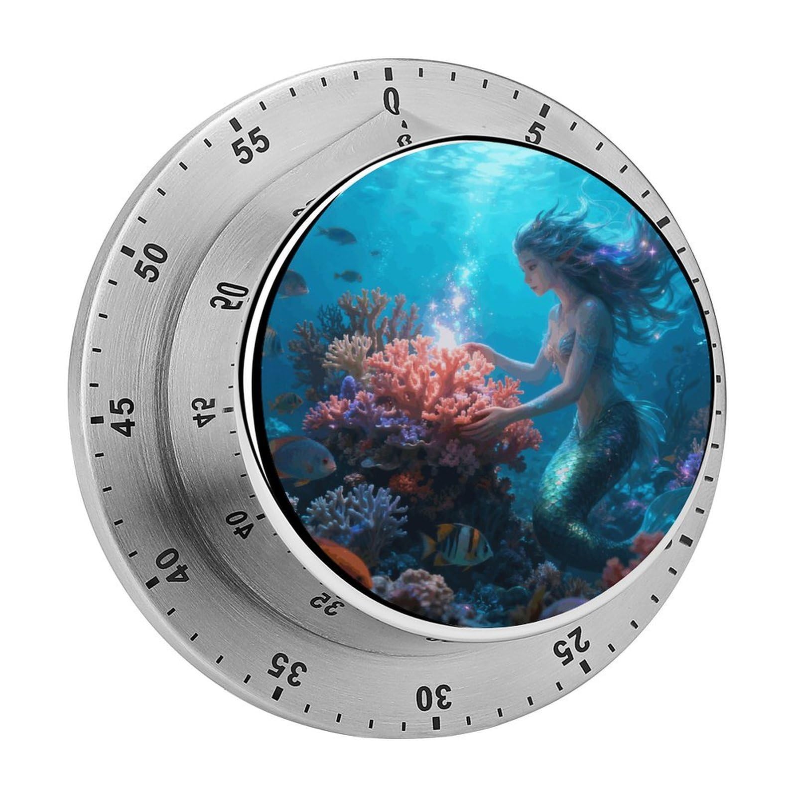 60 Minute Wind Up Timer, Visual Mechanical Timer with Loud Alarm, Coral Mermaid Kitchen Timers for Cooking - No Batteries Required - Magnetic Backing, Exquisite Stainless Steel Body