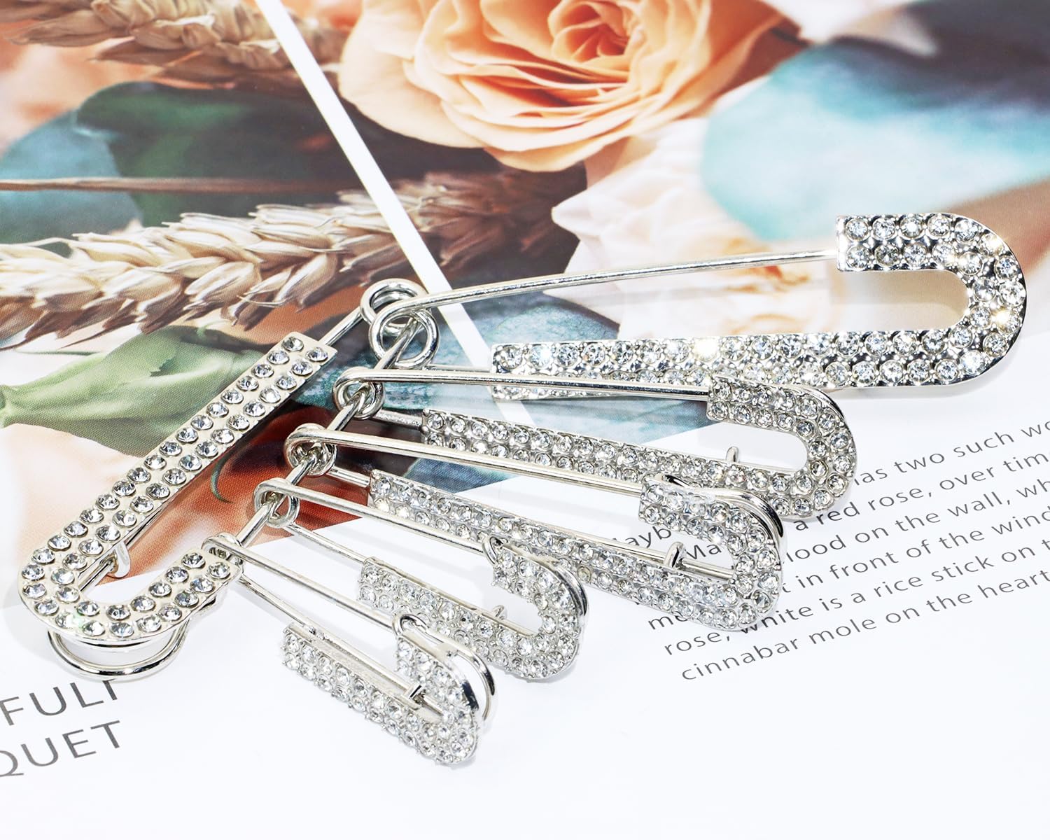 Penta Angel Rhinestone Safety Pins 6Pcs Faux Crystal Brooch Clips for Women Sweater Shirt Dress Hat Scarf Decoration (Silver)