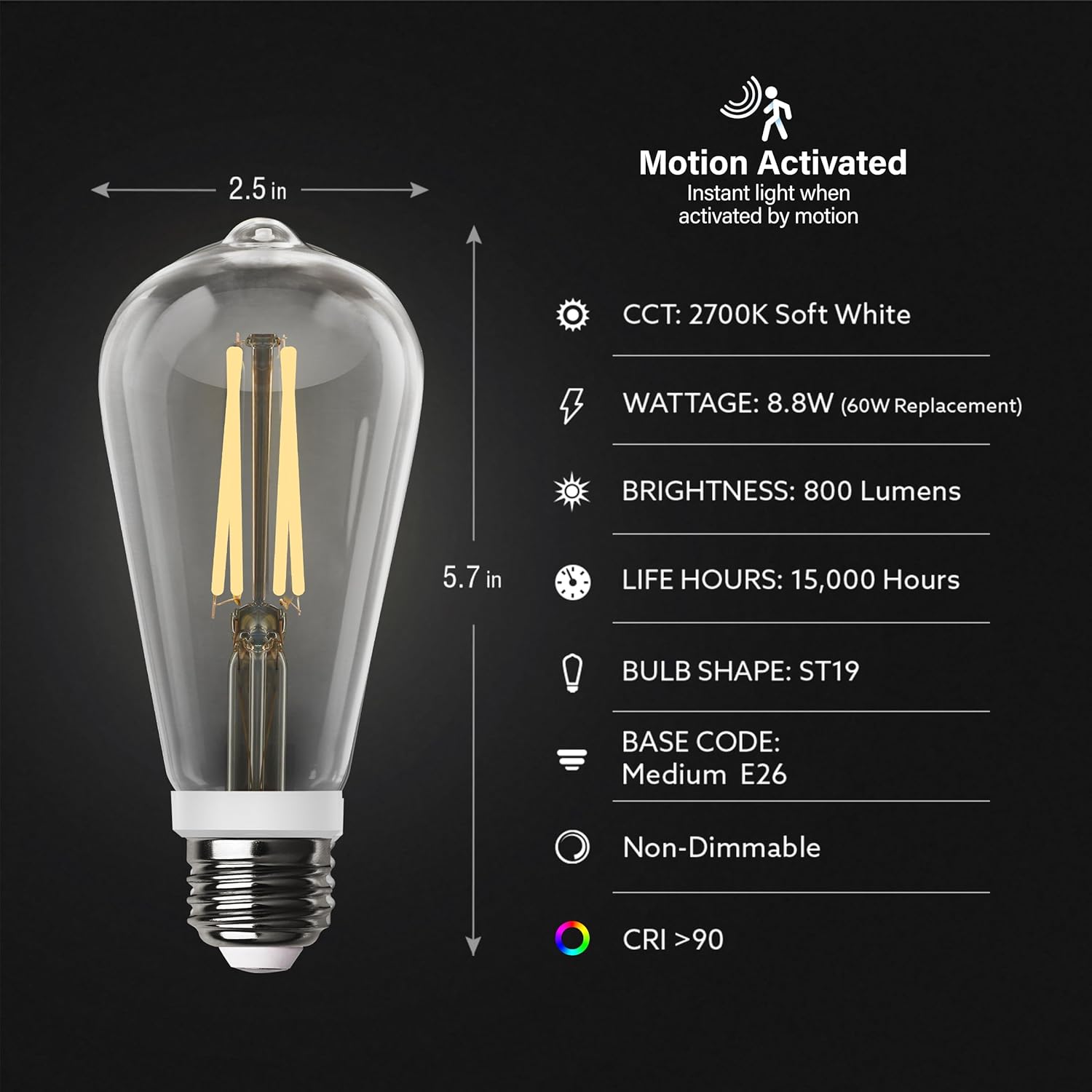 Feit Electric ST19 Motion Sensor LED Bulb with key specifications