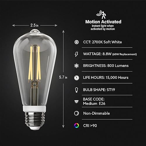 Miniatura 5 de Feit Electric Sensor de movimiento, no regulable, bombilla LED para interiores y exteriores con filamento expuesto, ST19 en base E26, alto CRI,