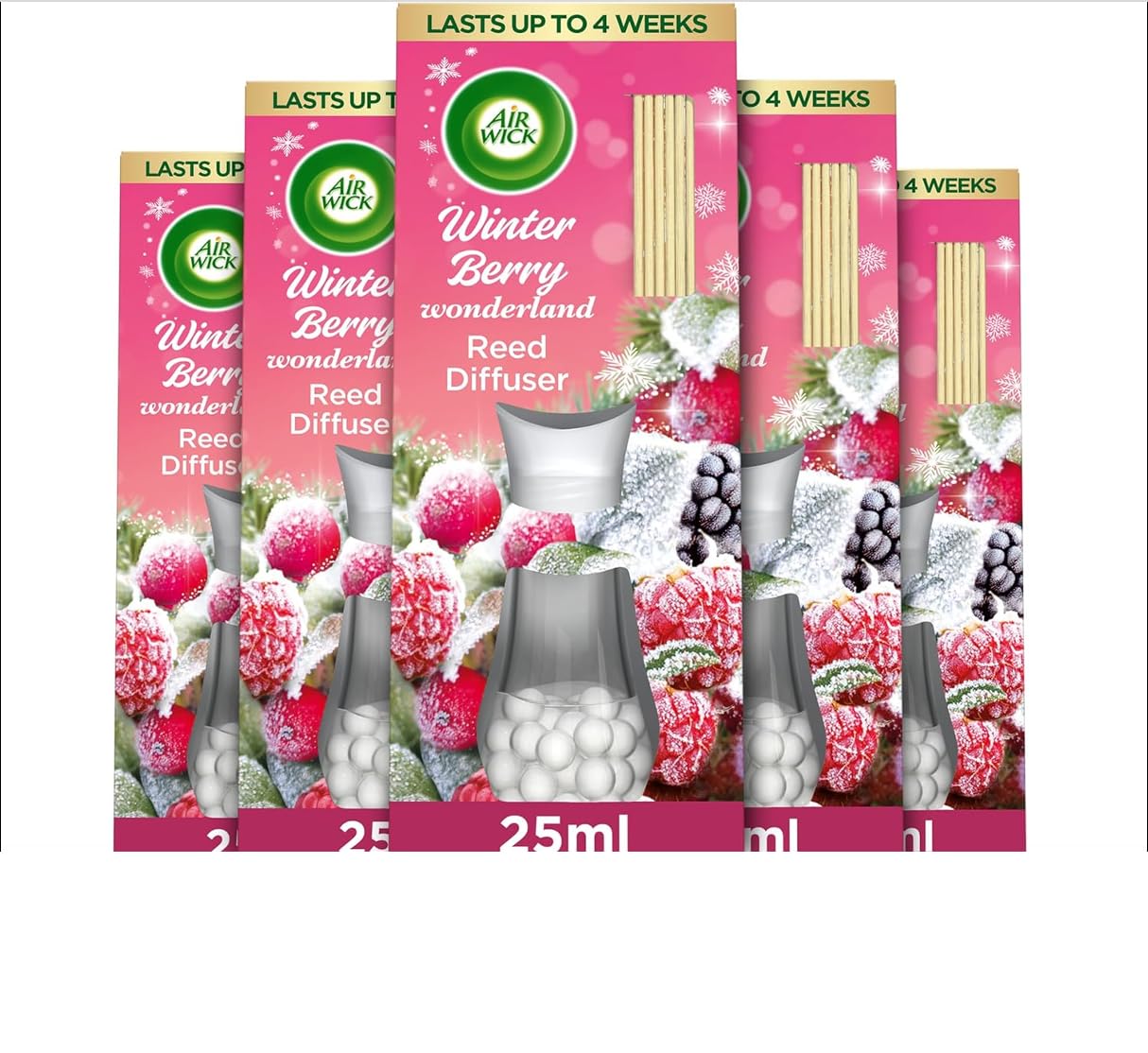 Air Wick Winter Berry Wonderland Essential Oil Reed Diffuser Pack of 5 x 25ml, Lasts up to 4 Weeks, Christmas Scent, Home Fragrance