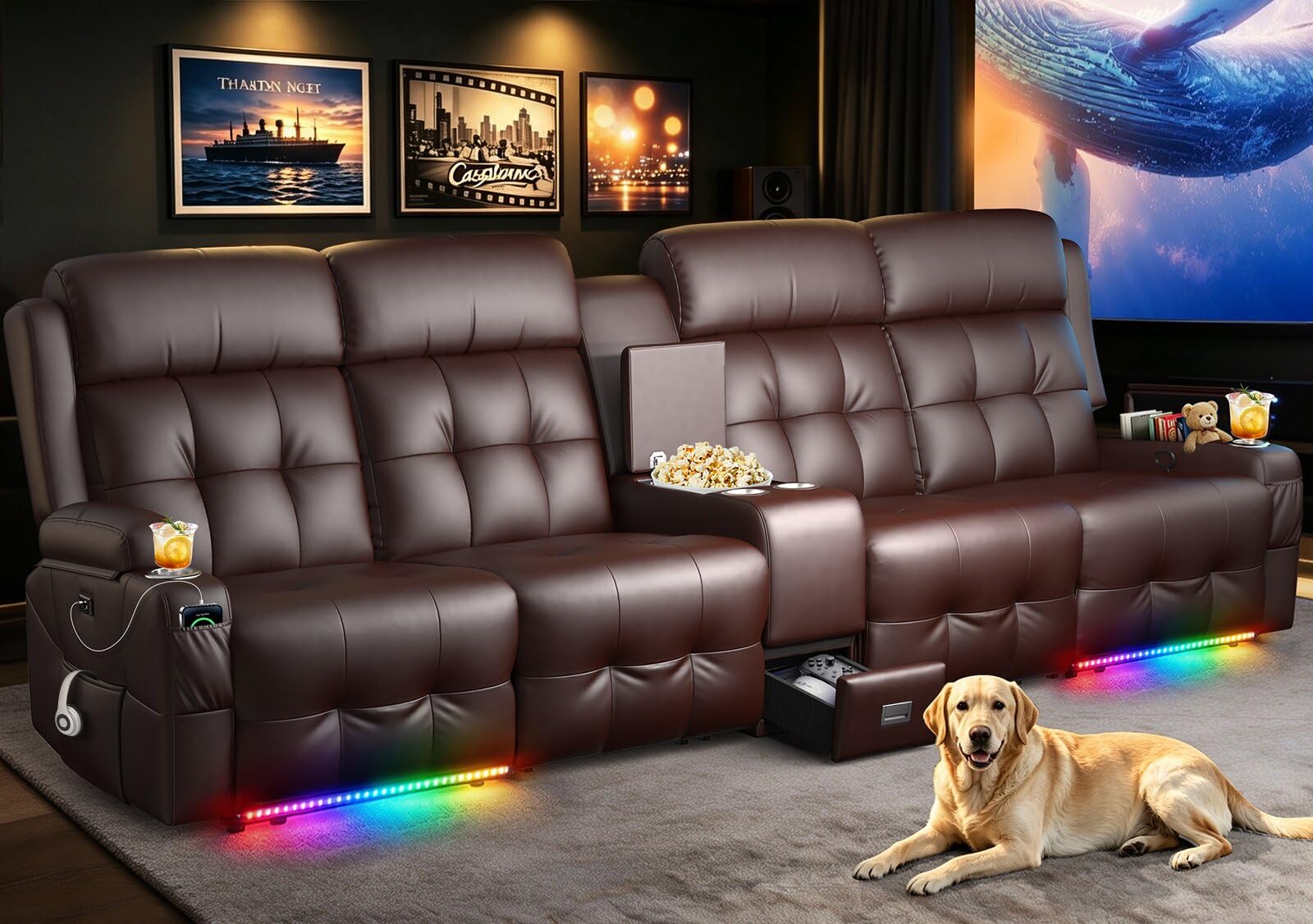 RV Loveseat Recliner Sofa, Home Theater Seating with Console &amp; Massage