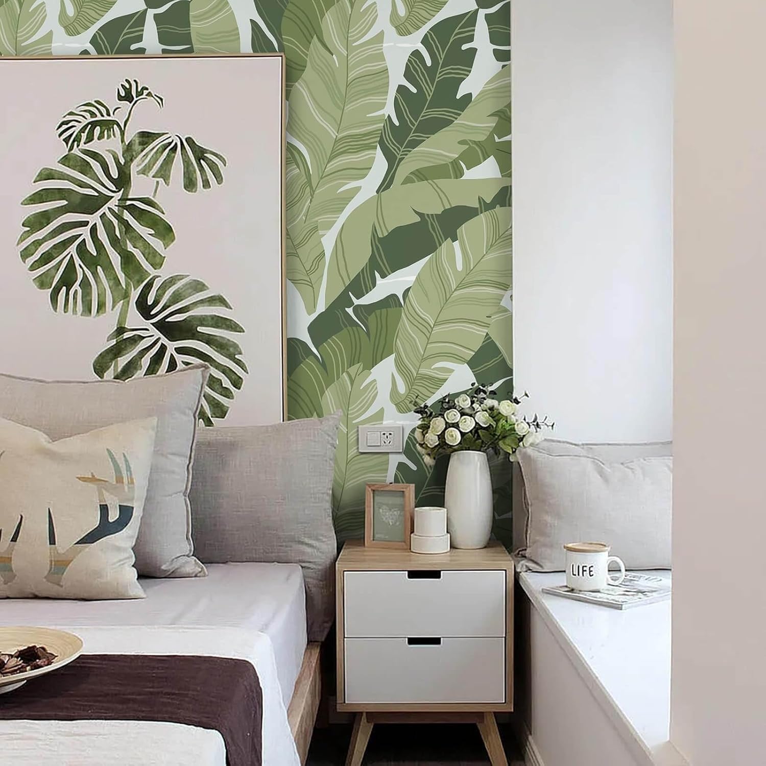 Peel and Stick Wallpaper Green Leaves Tropical Palm Wallpaper 16.1" × 393" Contact Paper Removable Self-Adhesive Wall Paper Decorative Shelf Drawer Liner Roll Waterproof