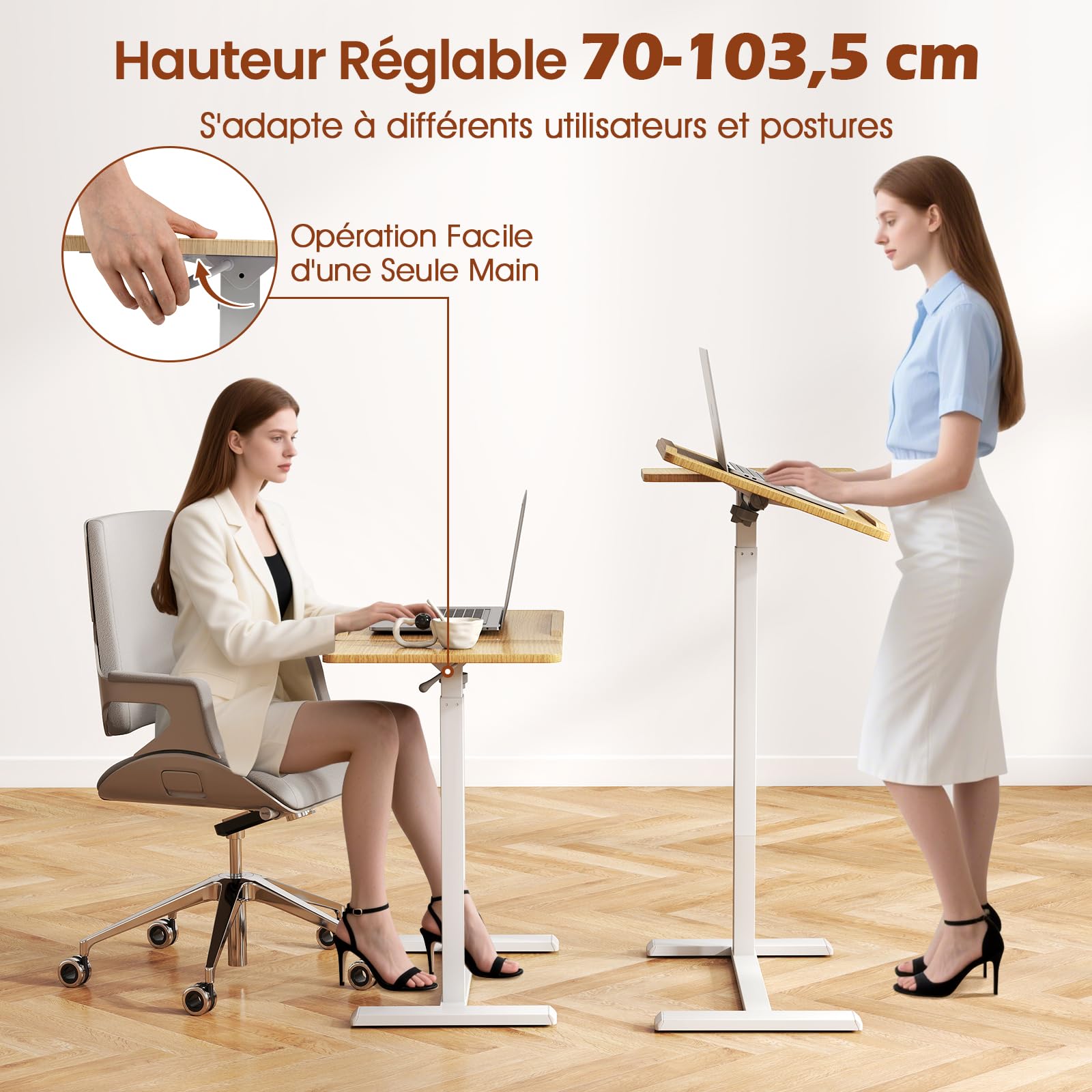 COSTWAY Table de Lit Roulante Réglable en Hauteur, Plateau Inclinable
