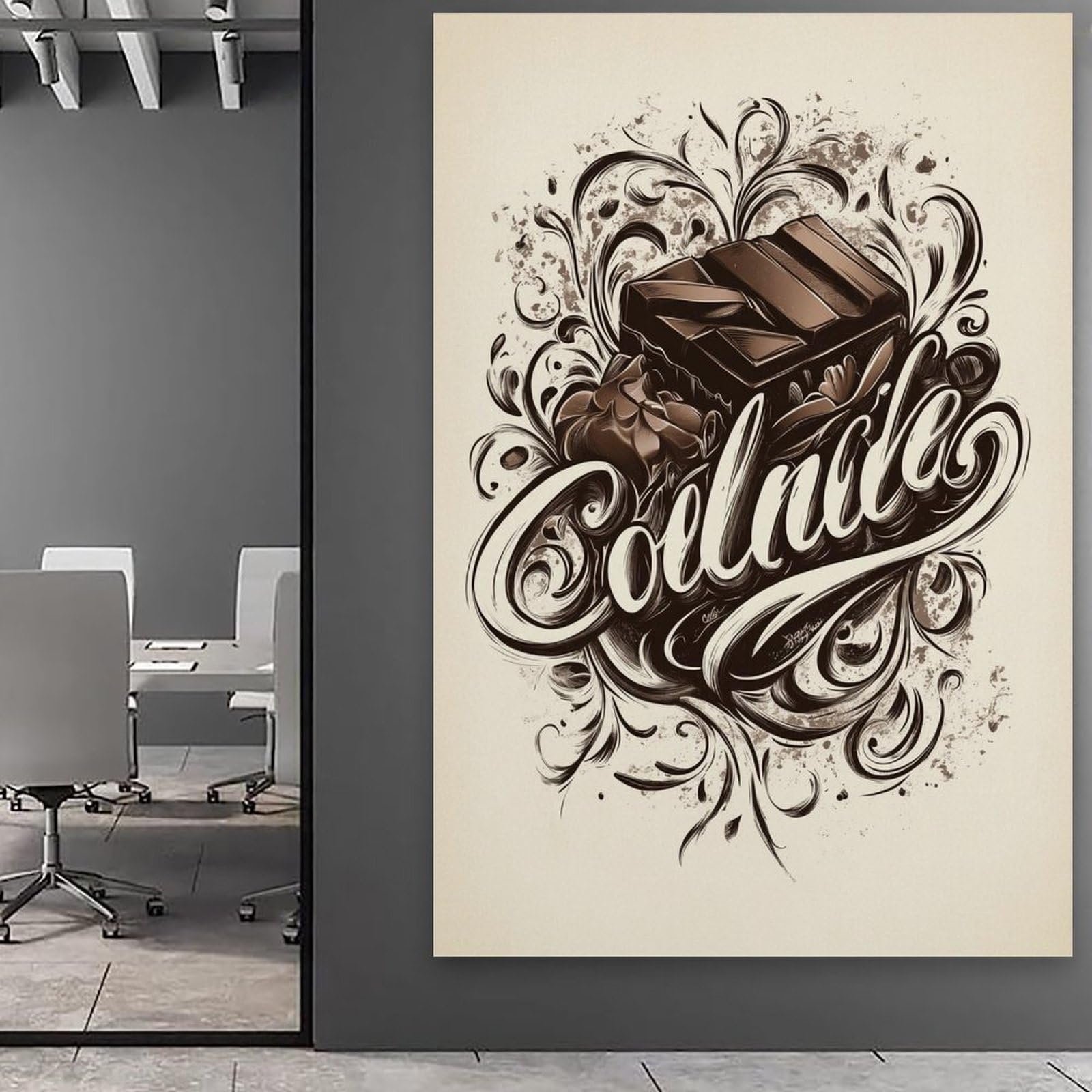 XHBKJA Minimalistischer Kunstdruck auf Leinwand, Retro-Getränke-Poster, Schokoladentafel mit stilvollem Schriftzug, moderne Familie, für Wohnzimmer, Dekoration, Rahmen-Stil, 50 x 75 cm