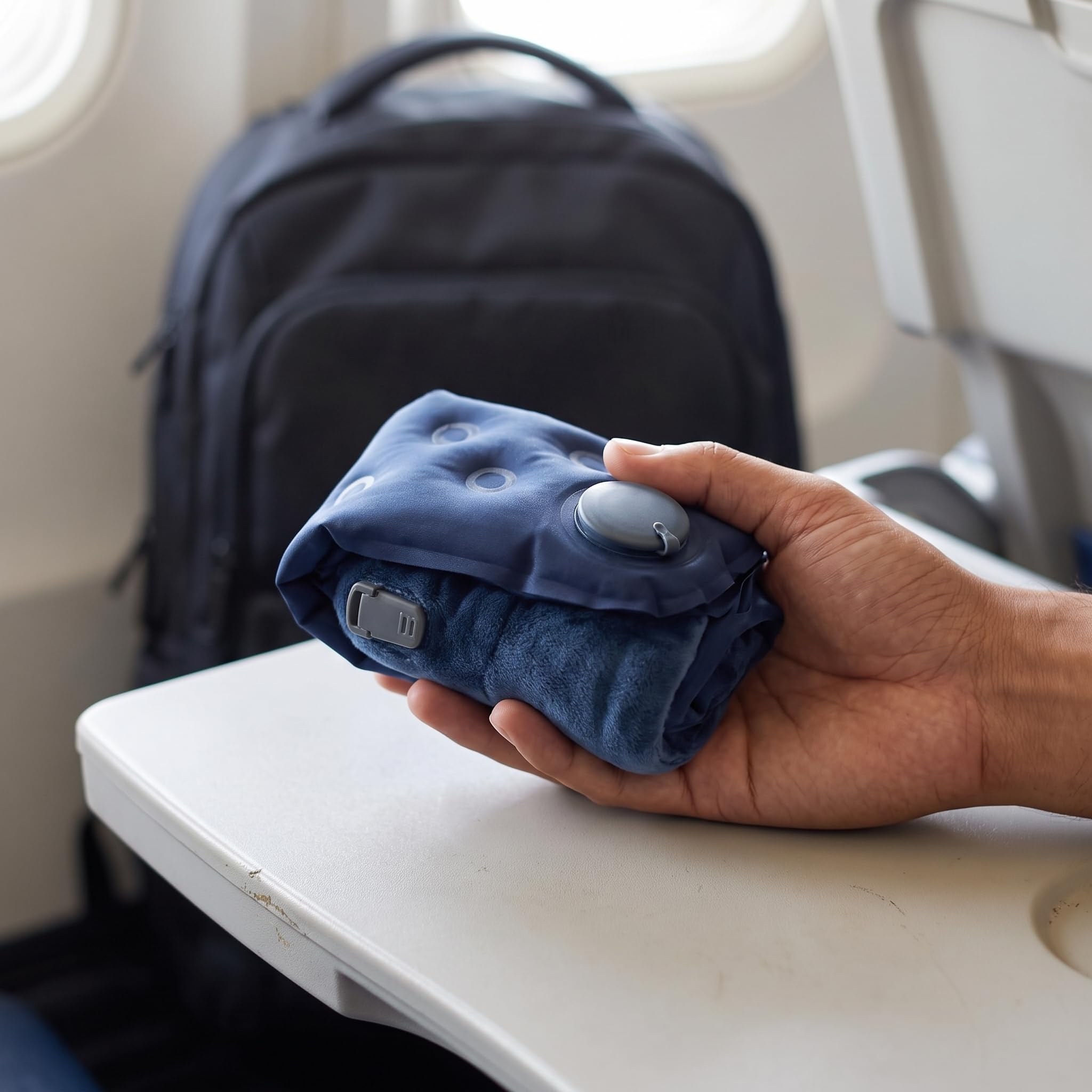 Almohada Viaje Inflable en Forma U, cojín Cervical portátil para avión y Coche, Cojín Lumbar Inflable a presión + Almohada Cervical en Forma de U de Joroba Lavable, Azul Marino