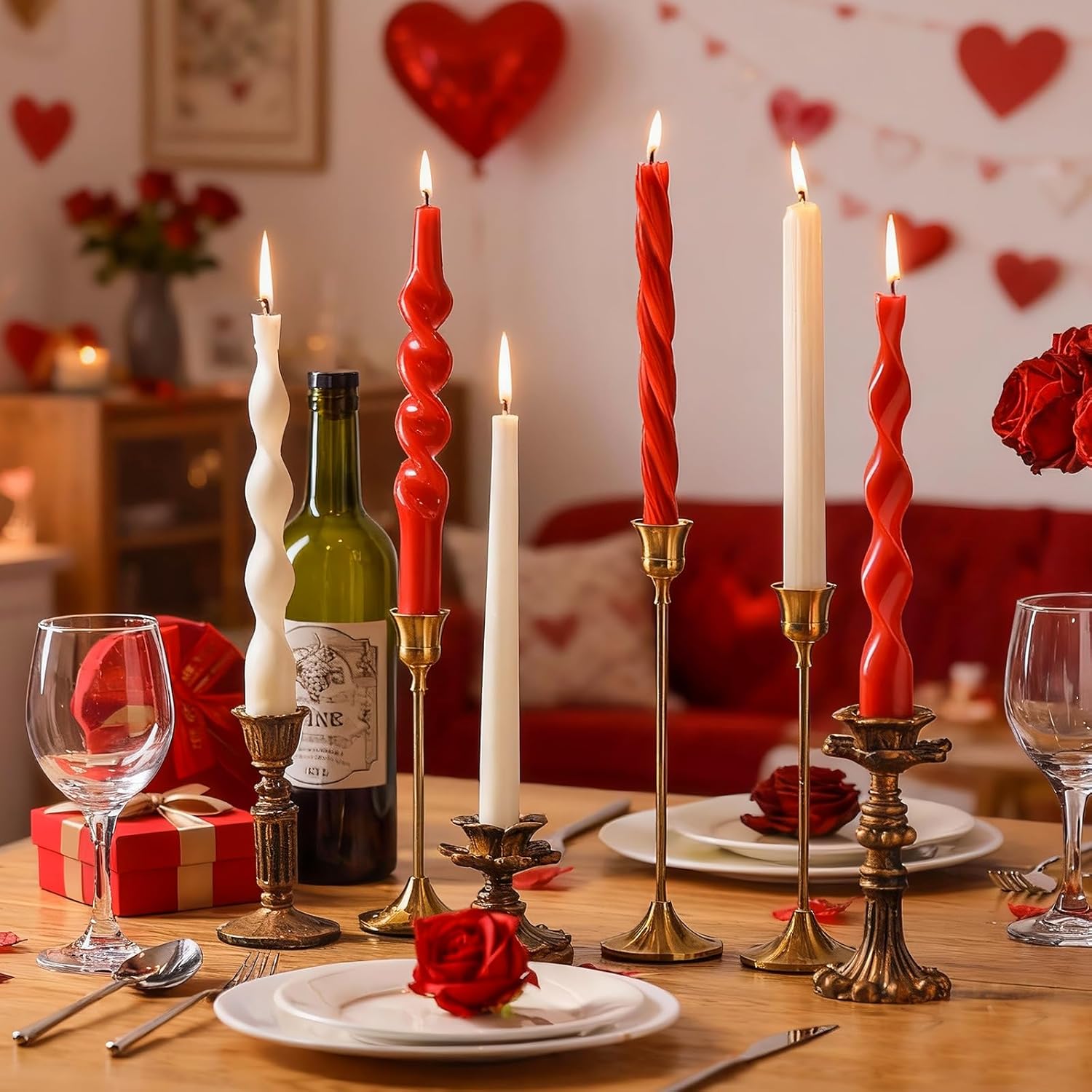 Lyrow 6 Pcs 8 Inch Valentine Day Twisted Taper Candles Dripless Red White Unscented Spiral Wax Taper Candles Valentine Long Swirl Tapered Candlesticks for Wedding Holiday Party Decoration Red and White