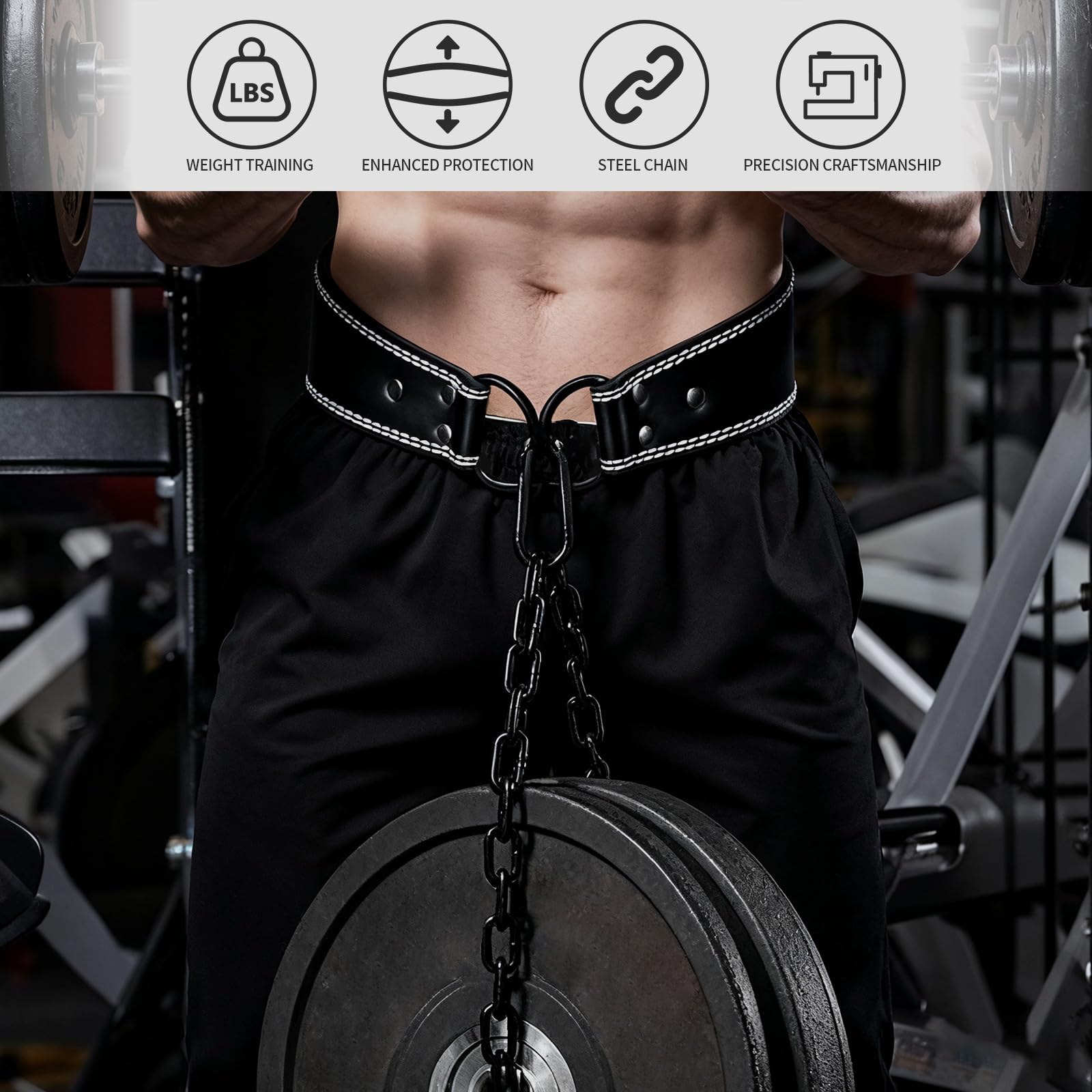 Cintura in pelle resistente per sollevamento pesi con catena in acciaio - sollevamento pesi, squat, stacchi, trazioni ponderate, flessioni e allenamento di resistenza progressiva