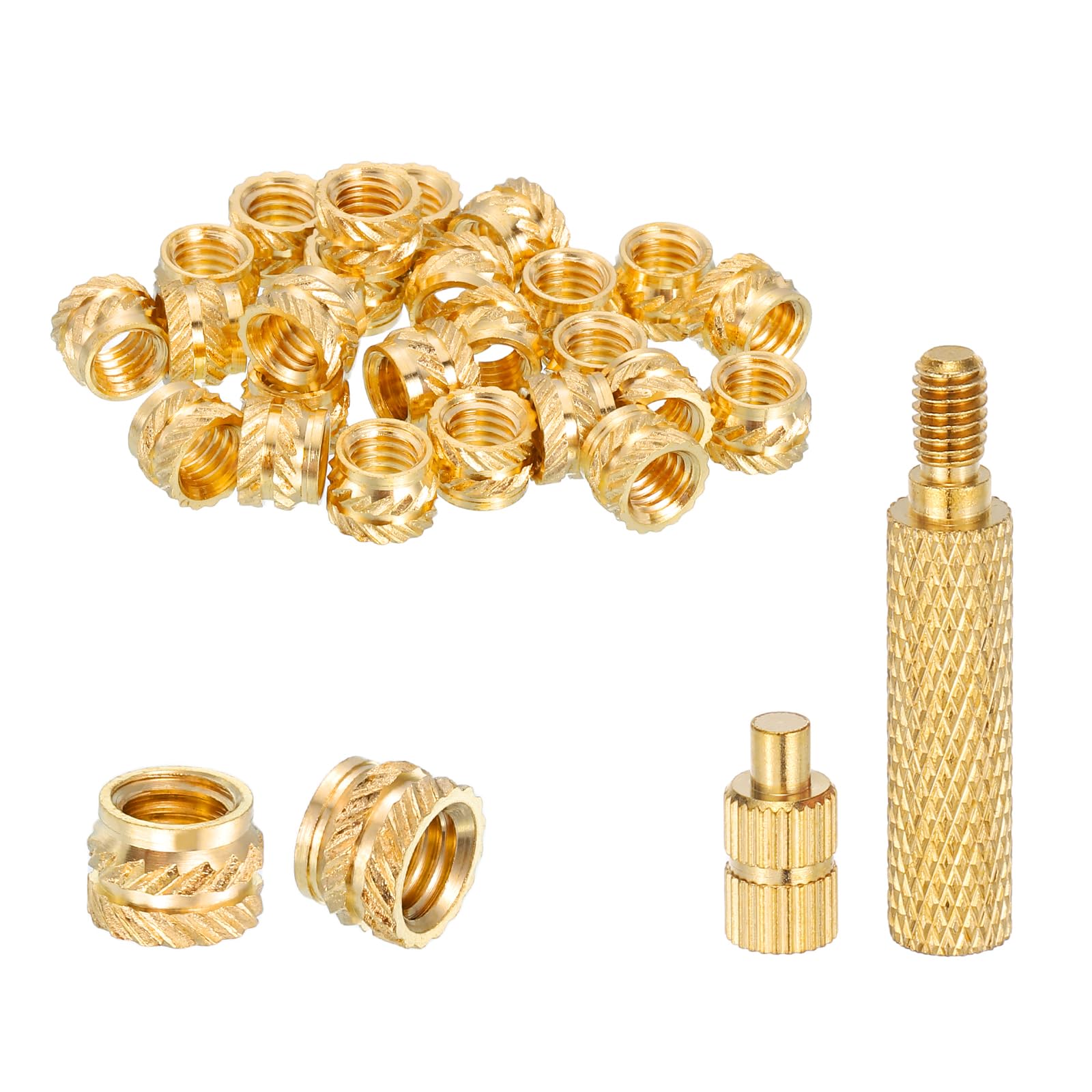 sourcing map 50 Pcs Threaded Inserts with Soldering Iron Tip Press Tool, M4 x 5mm H x 6mm OD Brass Metric Knurled Nuts Heat Set Inserts Embedment Nut for 3D Printing Plastic Parts