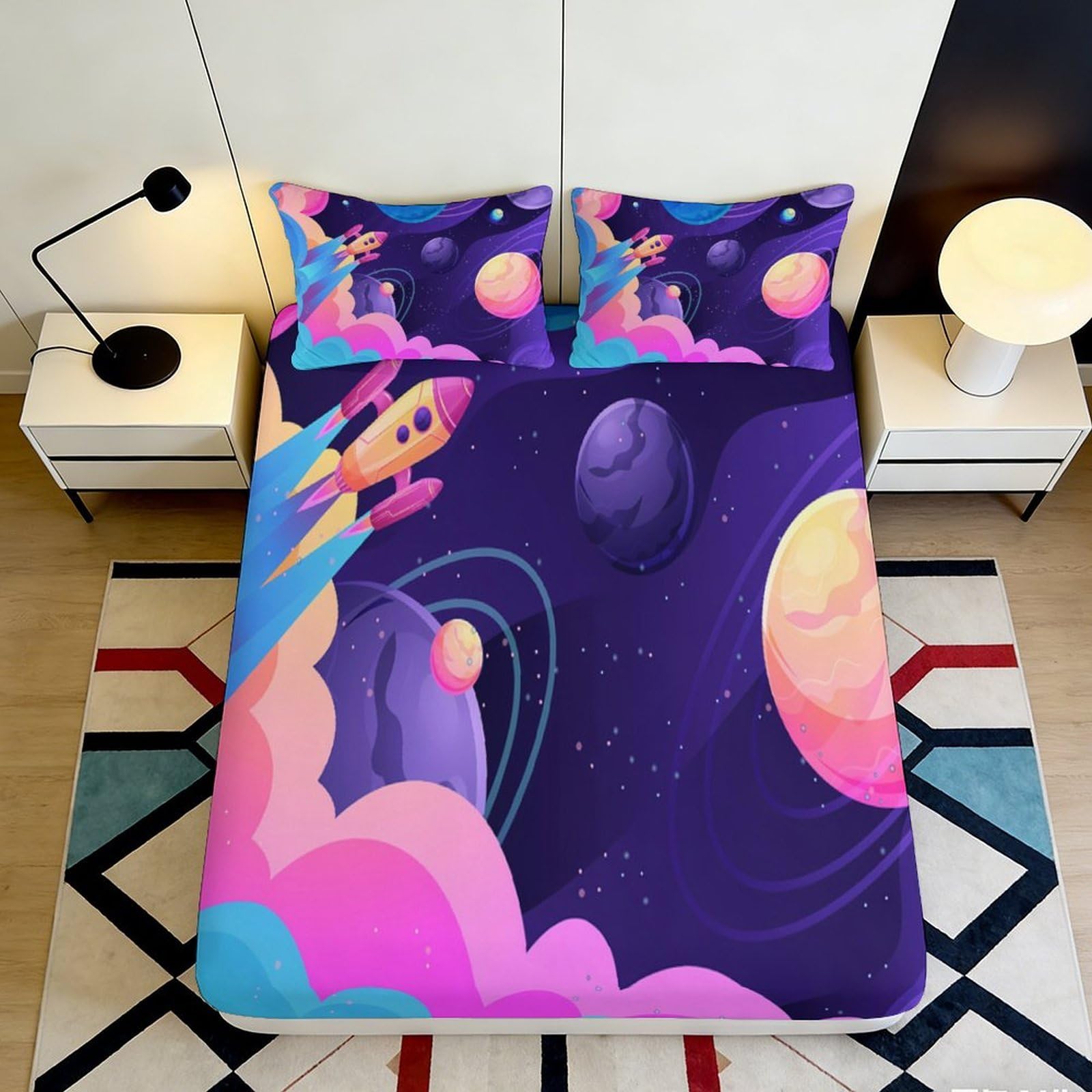 Kzqnxhjprl Style-7 3D Printed Rocket Space Fitted Sheet Microfiber Soft Breathable Planet Bed Cover For Bedroom Dorm Mattress Protector 90X200x25cm