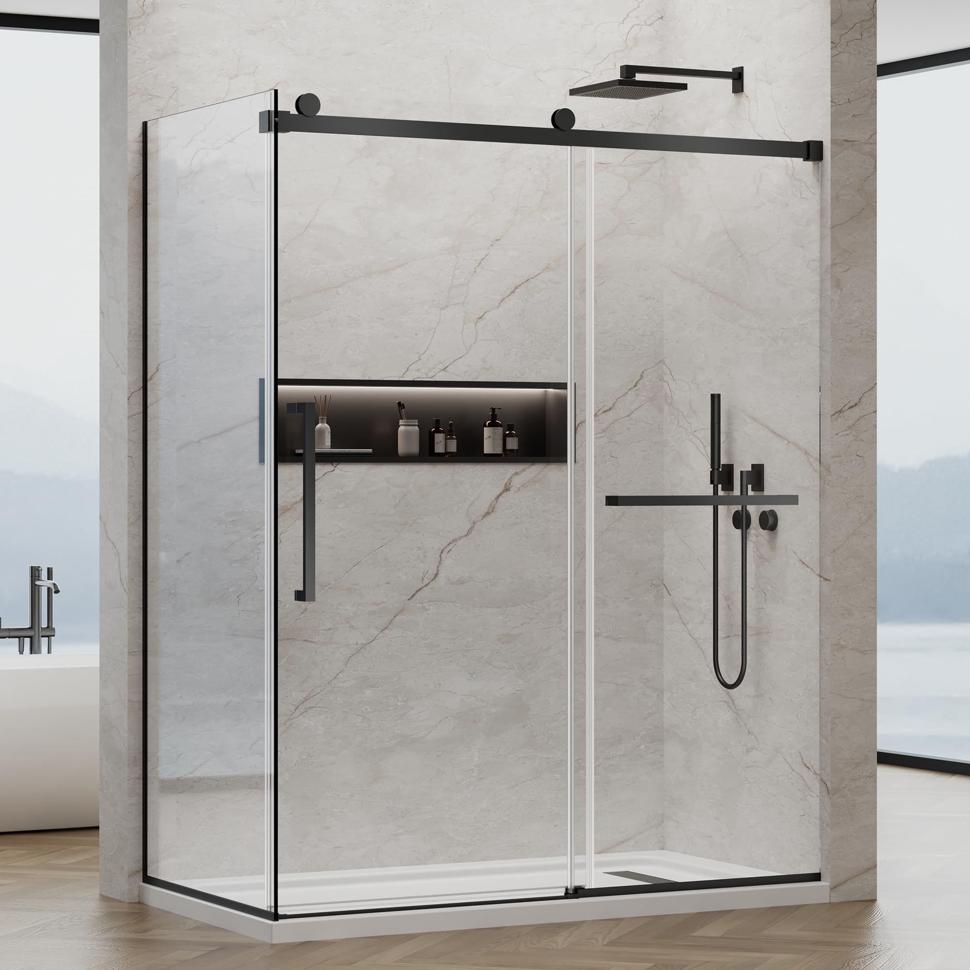 60x76 in Frameless Sliding Shower Door with 32x76 in Side Panel, Nano Glass, 304 Stainless Steel in Matte Black, L-Shape Design, Reversible Install - LFL-X51