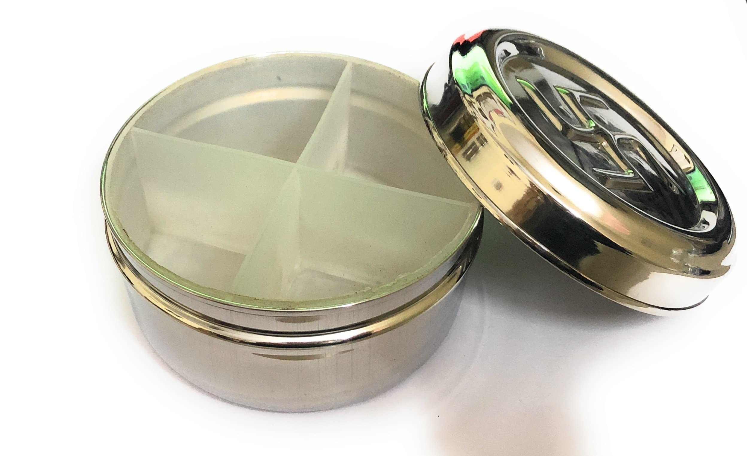 A2S Murti Steel plastic layer inside/ 4 compartment Chandan Roli Tika Chopda Set/Chawal Akshat Haldi Dibbi/Kumkum Holder Chopda Pack of 1 Piece