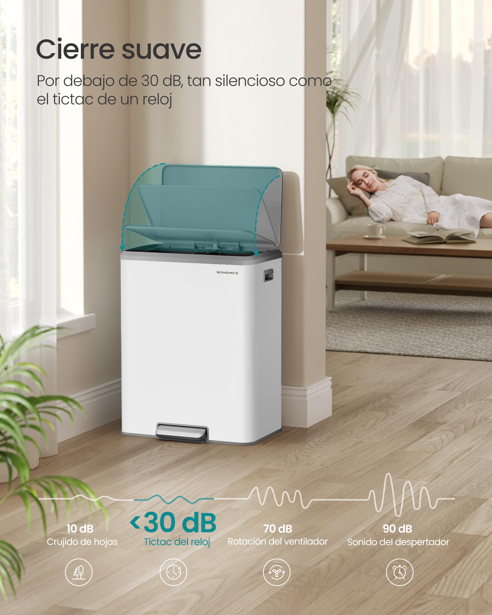 SONGMICS Papelera de Cocina, 2 x 30 L Cubo Doble para Reciclaje y Basura, Cubos Interiores, Acero, Tapa de Cierre Suave, Pedal Ancho y Robusto, Blanco Nube LTB556W02 | POWE LTB556W02 - Cubo de basura (2 compartimentos, tapa de cierre suave, pedal ancho, r