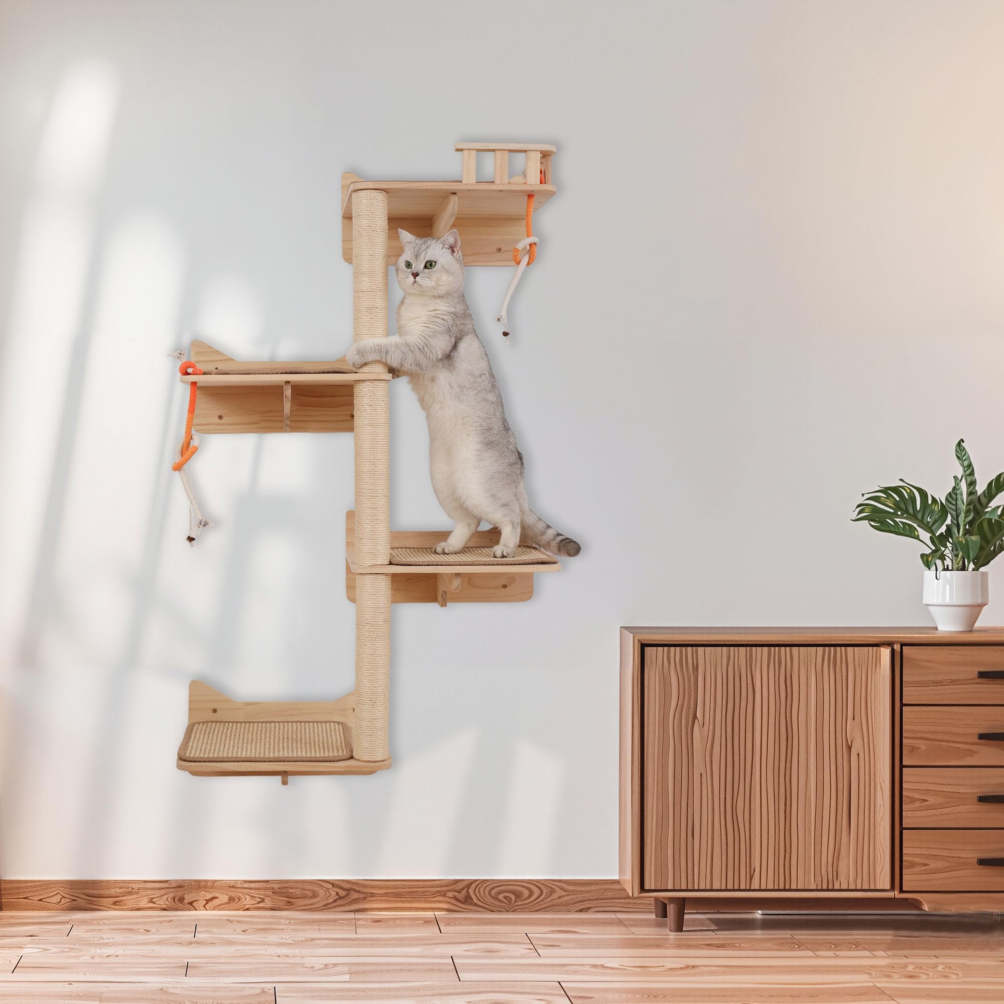 Kratzbaum zur Wandmontage, 7 Stück, Katzen-Wandregale und Sitzstangen mit hohen Sisal-Kratzstämmen, Wandhalterung, Katzen-Kletterbaum und platzsparende Möbel für Indoor-Katzen zum Klettern