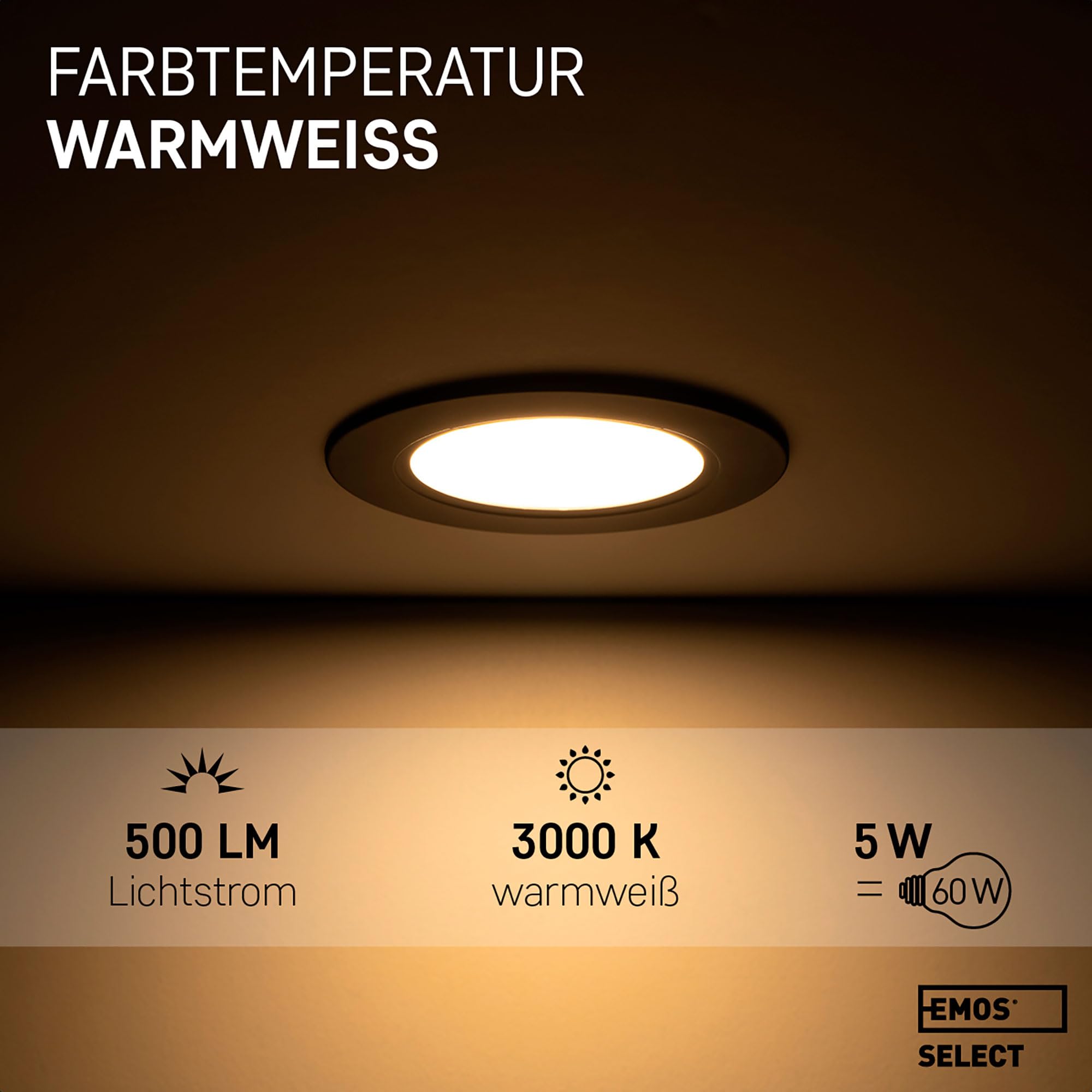 Emos Exclusive Einbaustrahler LED Spots 230V, 5W, 500lm, 3000K warmweiß | Set mit 12 Downlight LED Spots Badezimmer etc., wasserdicht IP54 | LED Einbaustrahler 230V, rund Ø 95mm, ultra flach, schwarz