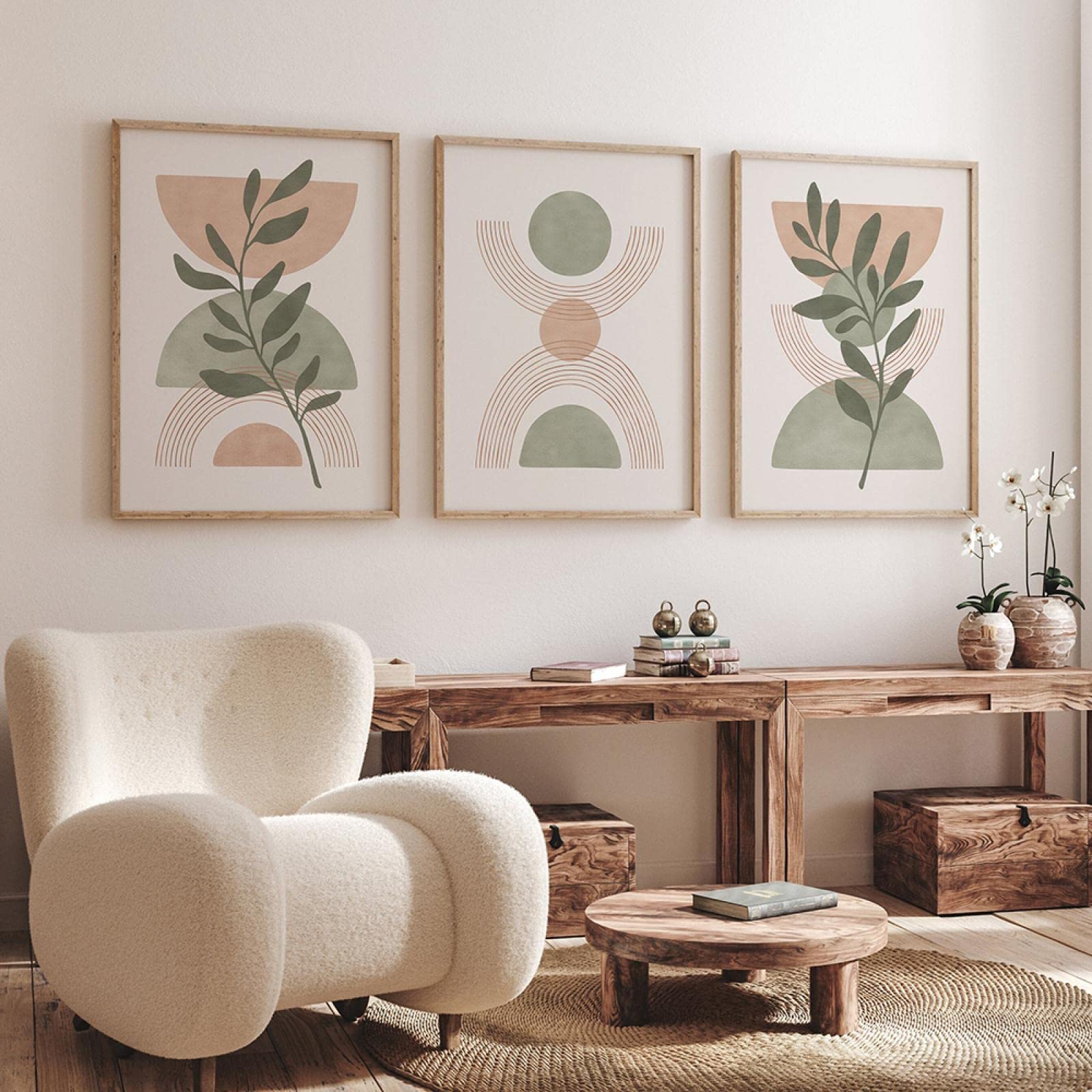 PWAAHDC Moderne Bilder Schlafzimmer Poster Set | Boho Abstrakte Grüne Pflanzen Leinwandbilder 3er Set | Wandbilder für Schlafzimmer | Ohne Rahmen | A2 Hochformat