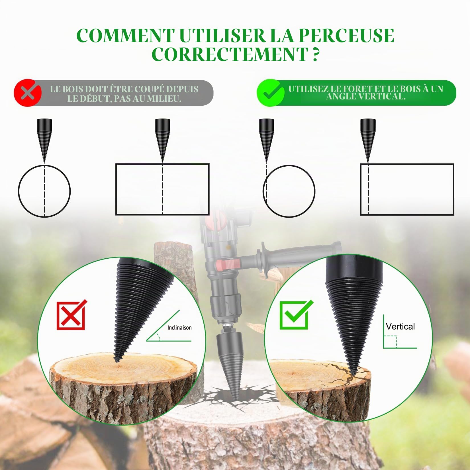 Herbst Foret fendeur de bois 50 mm cône de perçage 32 mm 4 poignées fendeur conique