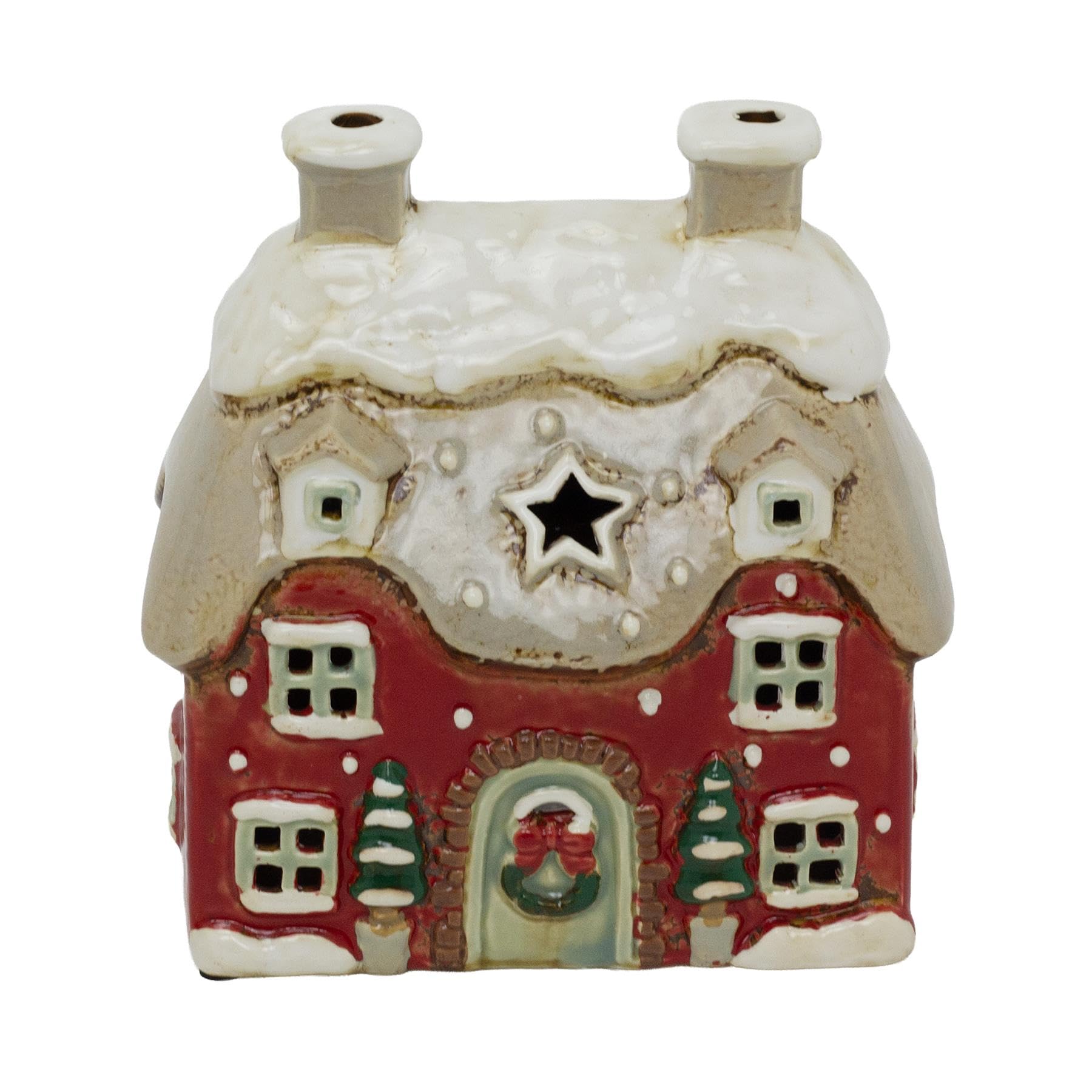 Carousel Home Red Stoneware Christmas House Tealight Holder | Festive Candle Holder Christmas House Ornament - 18.5Cm