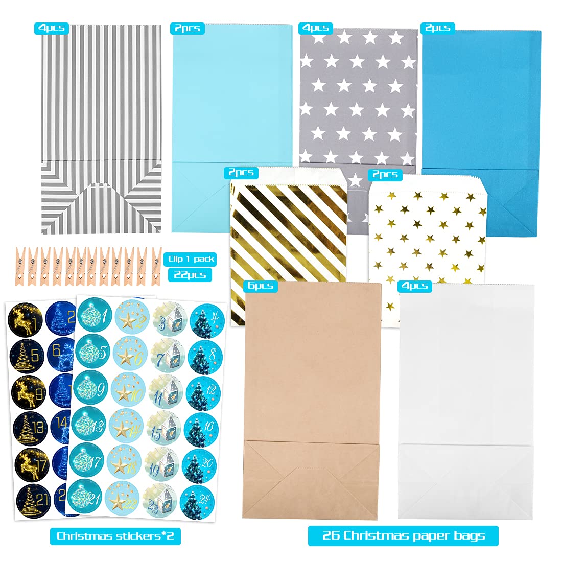 Calendrier de l'Avent Sac à Remplir 26 Pièces Sachets en Papier avec Autocollants Numériques