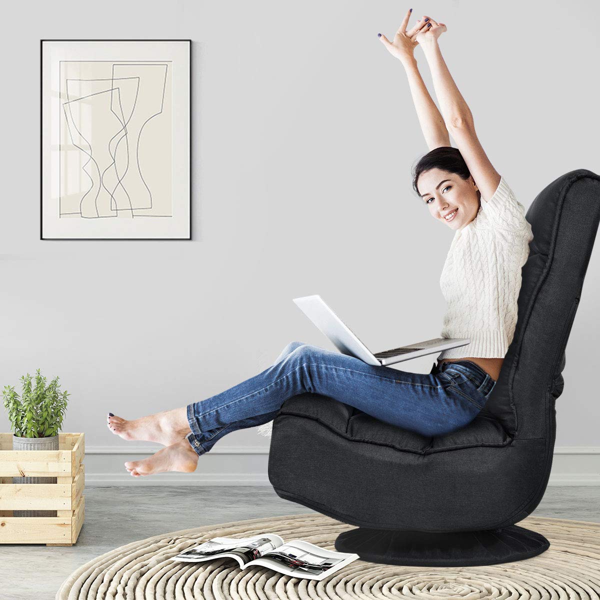 LIFEZEAL Silla de Suelo giratoria 360°, Silla de sofá Ajustable de 5 Posiciones, Plegable con Respaldo Ajustable, sin Reposabrazos, soporta hasta 151 kg (Negro)