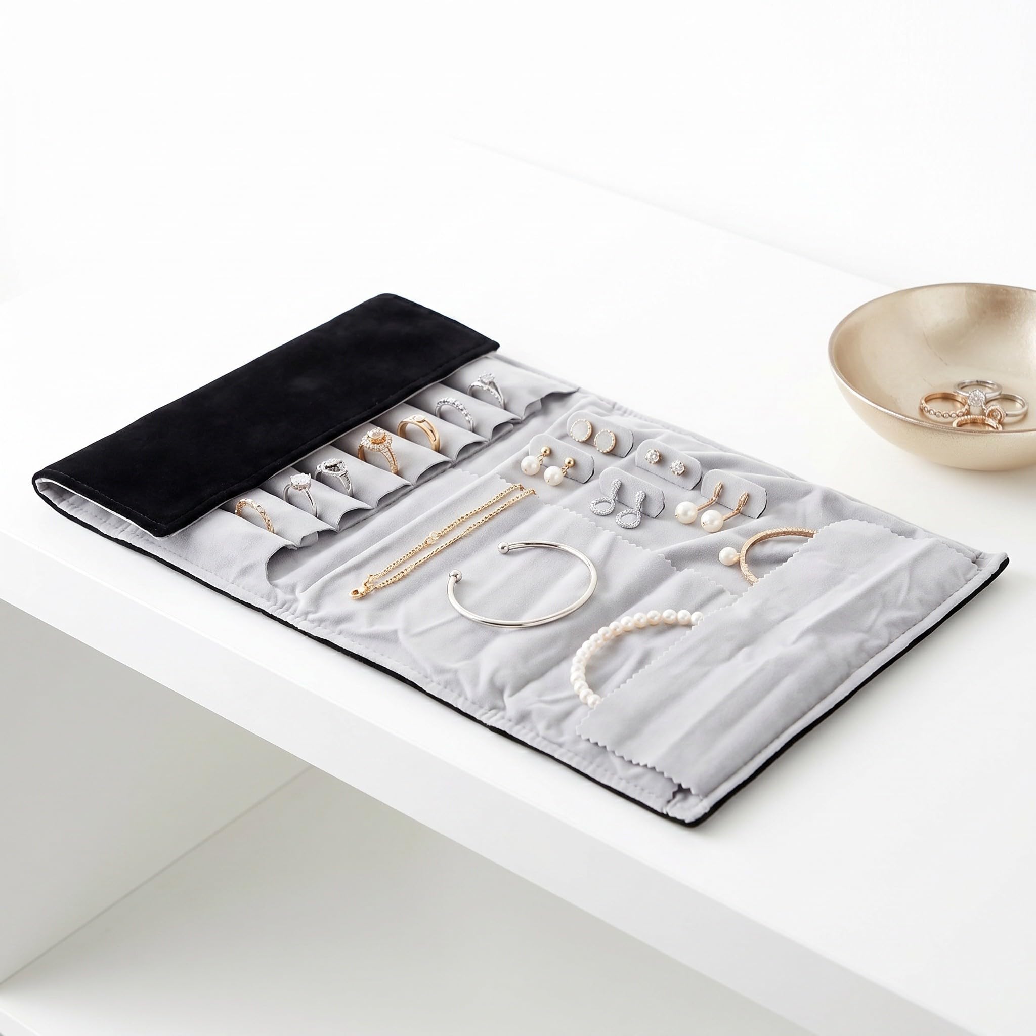 Estuche enrollable de terciopelo para joyas: pequeño organizador de viaje para pulseras y pendientes - Estuche enrollable pequeño para empacar para las vacaciones